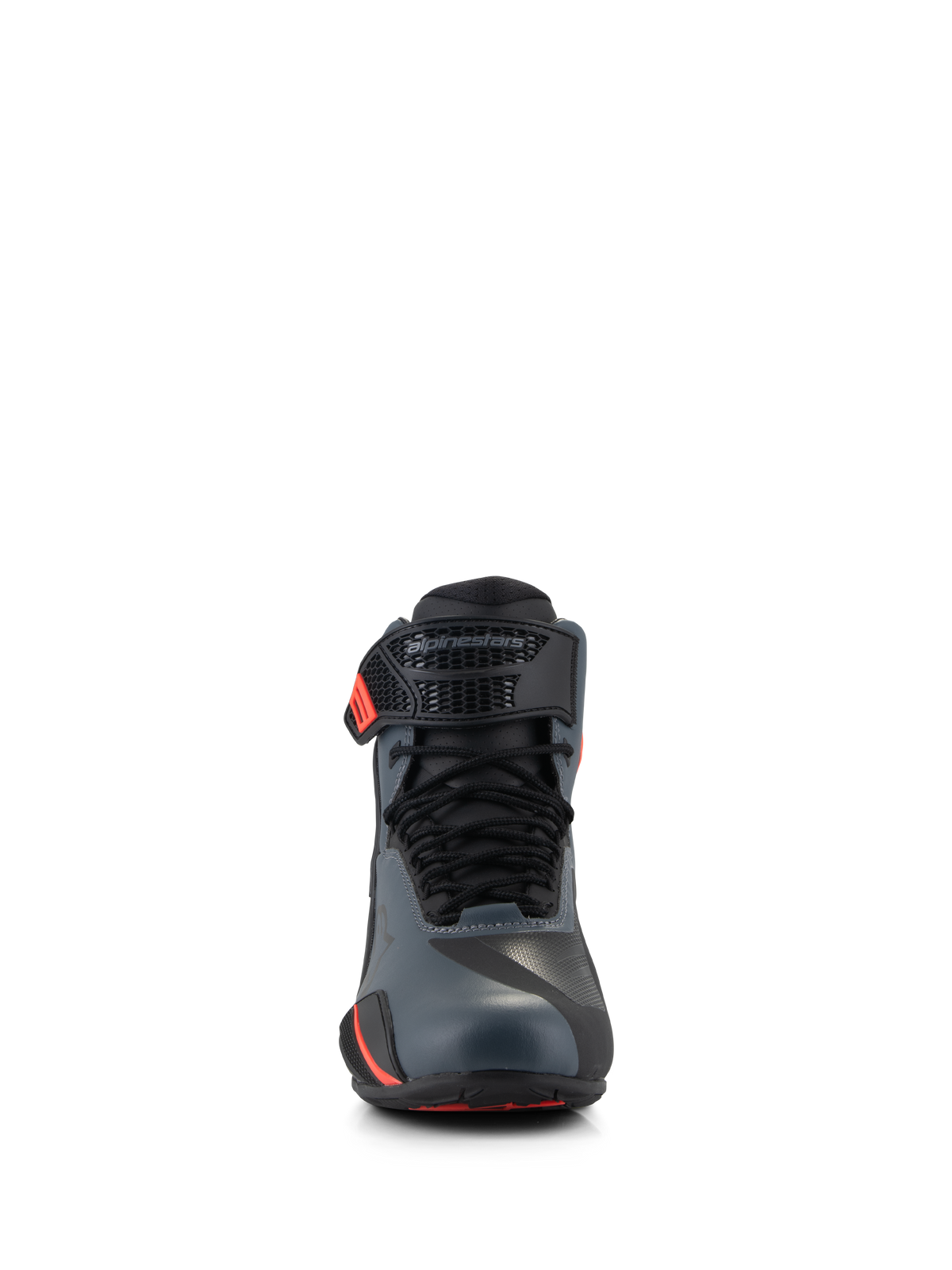 Alpinestars Faster-4 Shoes, Motorcycle Riding Shoes, Black Gray and Red Fluo, front-facing view featuring seamless microfiber upper, traditional laces, and adjustable ankle strap with Alpinestars logo
