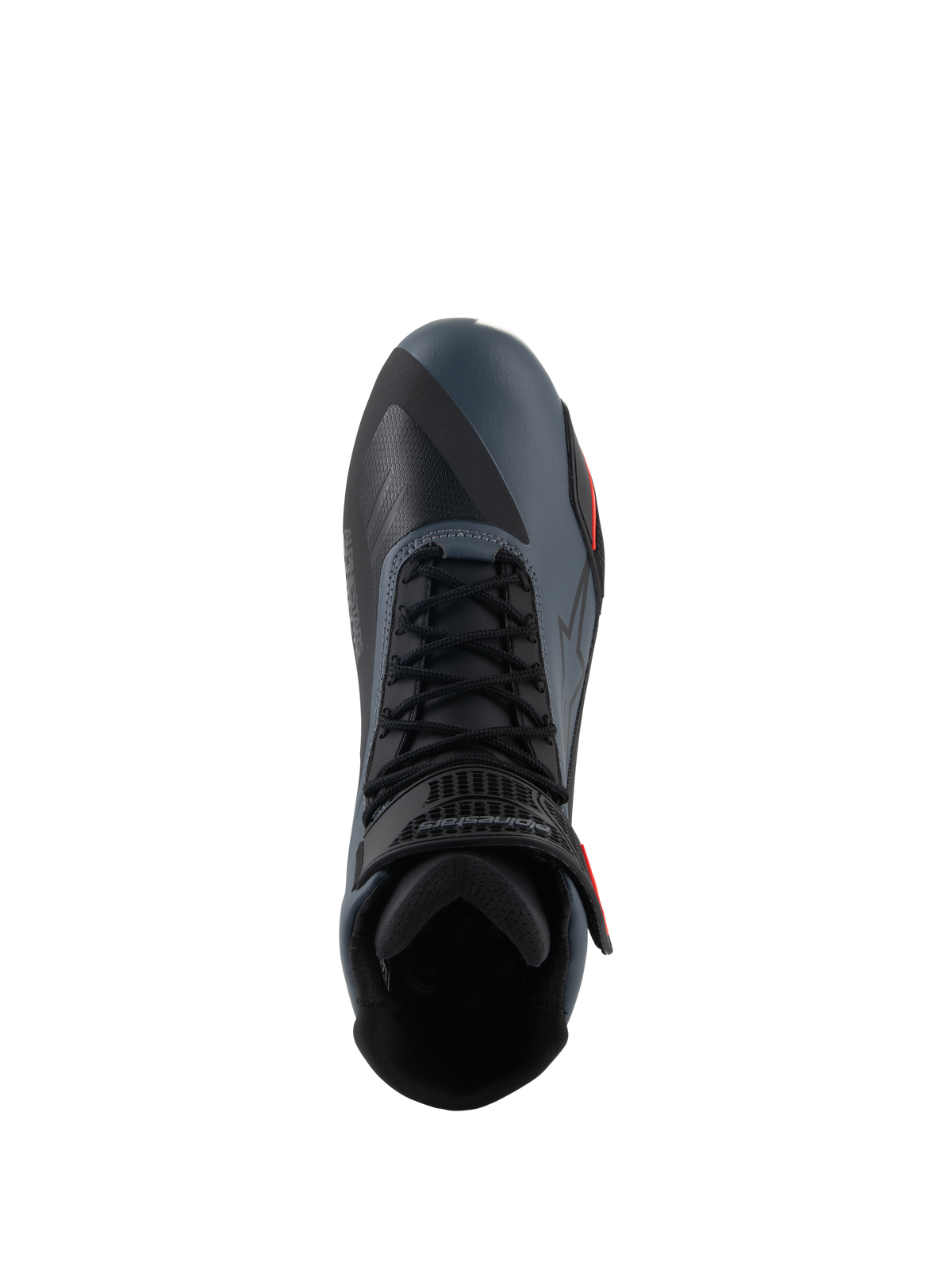Alpinestars Faster-4 Shoes, Motorcycle Riding Shoes, Black Gray and Red Fluo, top-down view highlighting the lace-up closure and ankle strap, technical microfiber upper with seamless panels, sporty design for performance road riding.