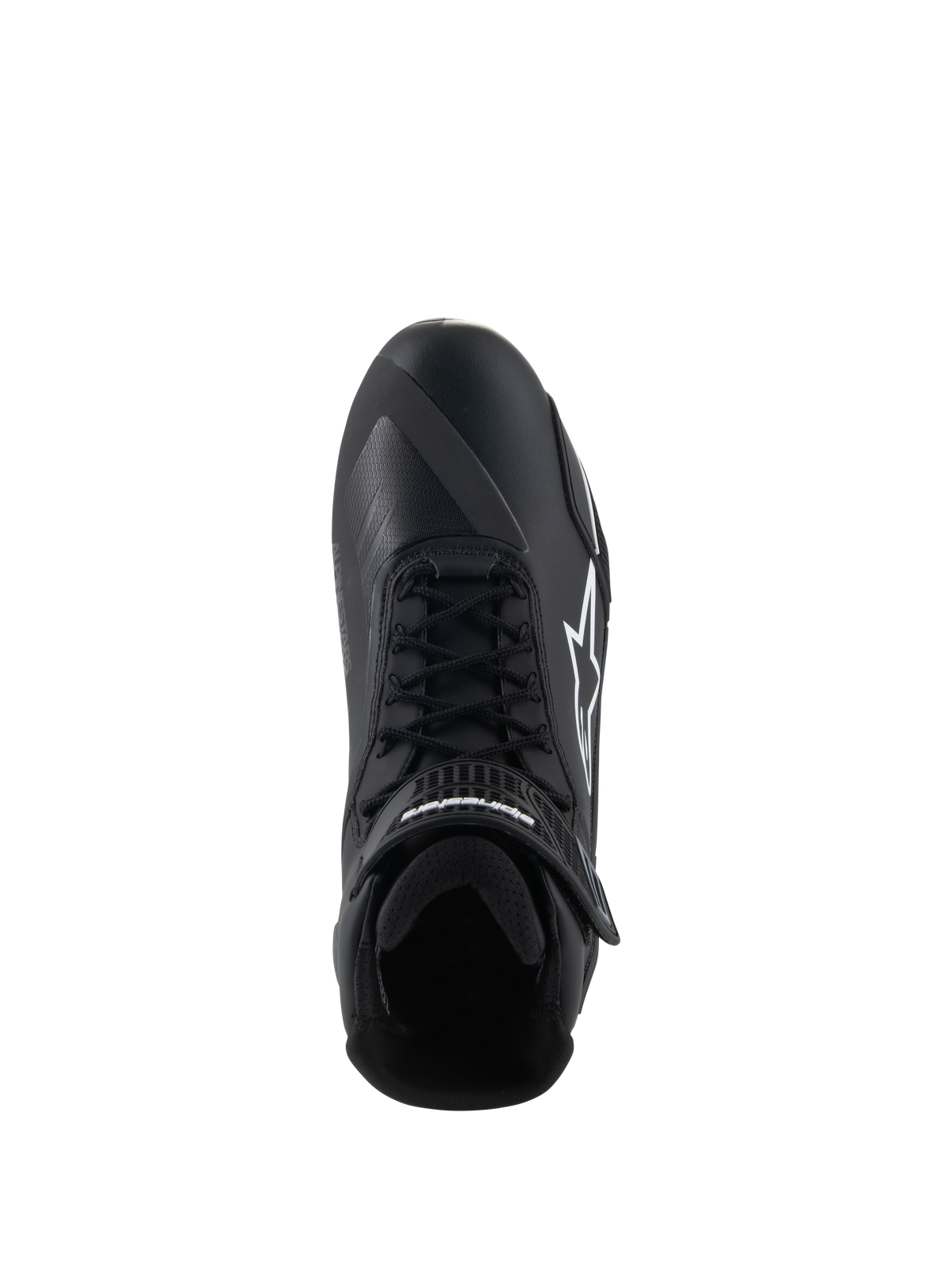 Alpinestars Faster-4 sko, køresko til motorcykel, sort og hvid, set oppefra, viser snørebåndslukning, ankelrem med velcro og hvidt Alpinestars-logo på siden