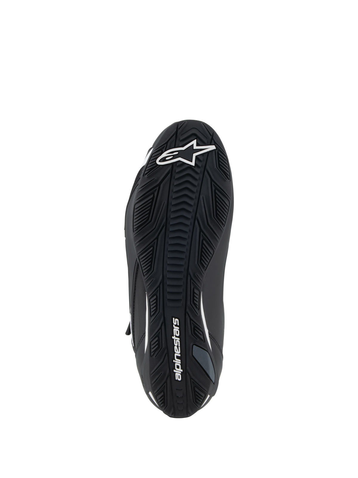 Alpinestars Faster-4 sko, motorcykel-køresko, sort og hvid, visning af tekstureret gummisål, hvidt Alpinestars stjernelogo på tåen og navnetræk på svangen, grebsfokuseret ydersål til landevejskørsel