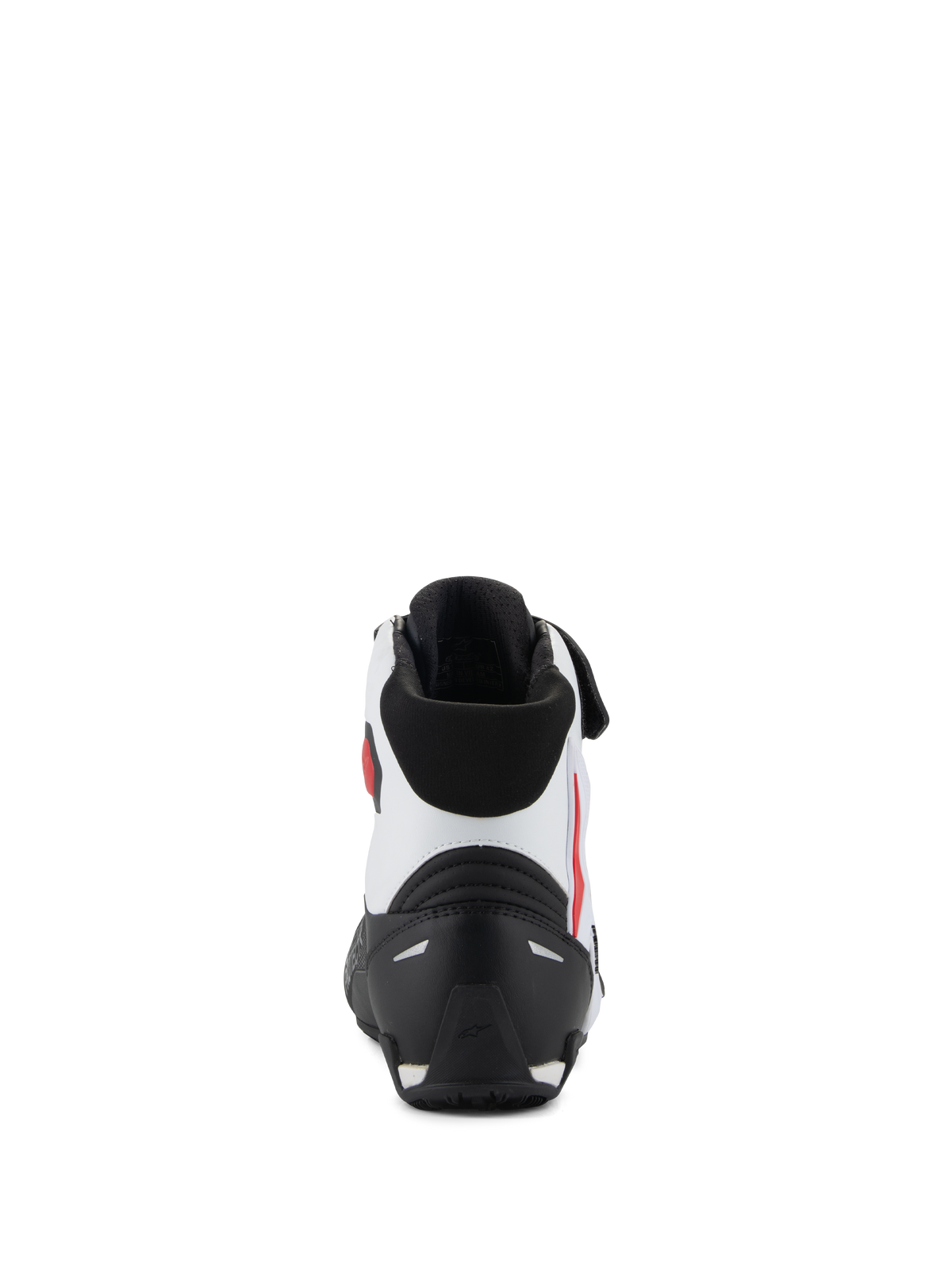 Alpinestars Faster-4 sko, set bagfra, sort, hvid og rød, med et sort TPR-hælmodstykke, hvid overdel i mikrofiber med røde detaljer og sort polstret krave, performance motorcykel-køresko