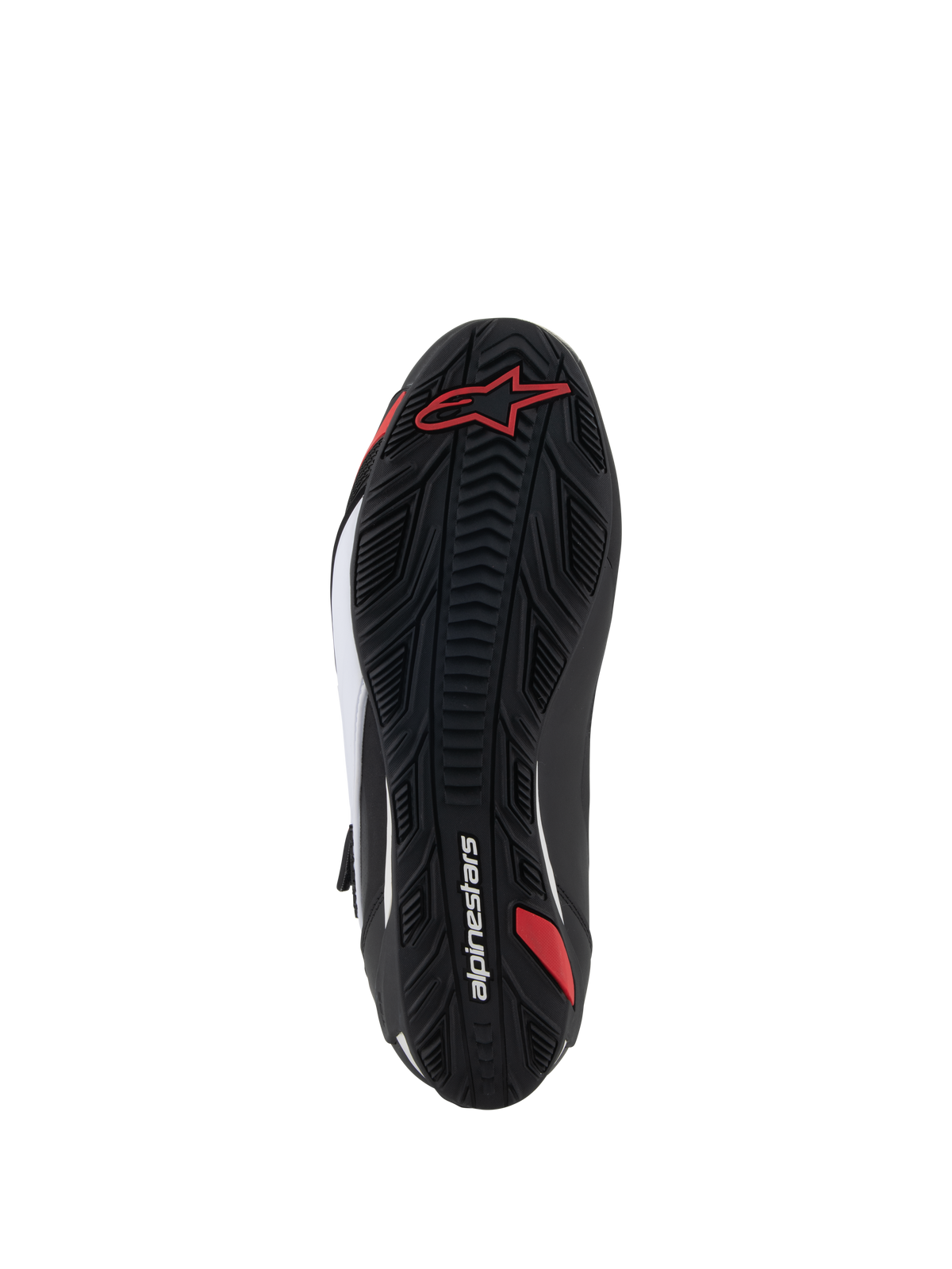 Alpinestars Faster-4 sko, motorcykel køresko, set fra undersiden, sort gummi med tekstureret grebsmønster, rødt Alpinestars-logo og hvidt brandnavn, designet til vej- og sportskørsel