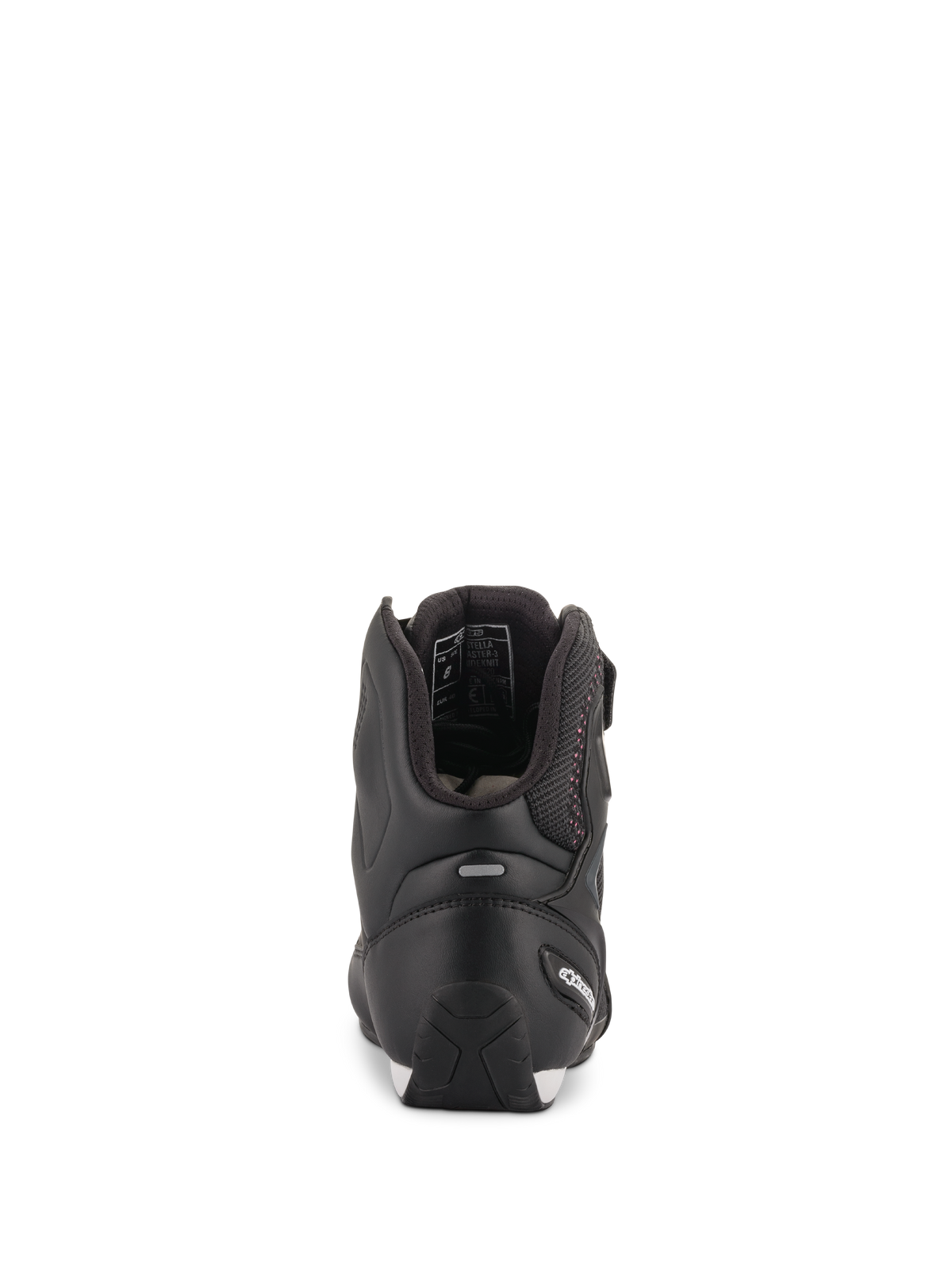 Alpinestars Women Stella Faster-3 Rideknit® Shoes, Black with Pink accents, Rear view showing heel protection and reflective strip, high-top motorcycle riding footwear with breathable knit material