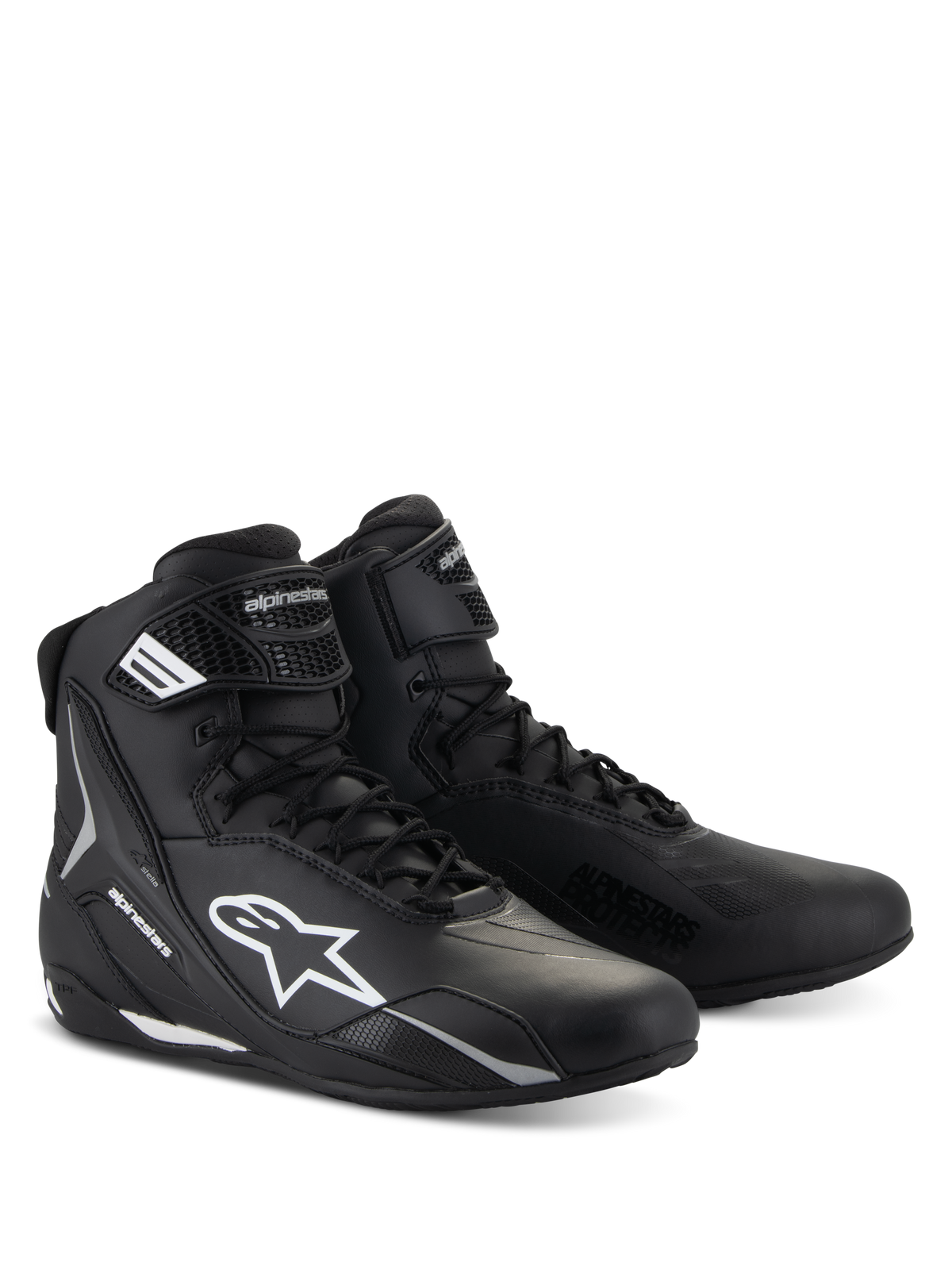 Alpinestars Stella Faster-4 sko, motorcykelsko til damer, sort med hvide detaljer, high-top sporty design med snørelukning og velcro-ankelrem, holdbar mikrofiberkonstruktion med beskyttende sidelogoer