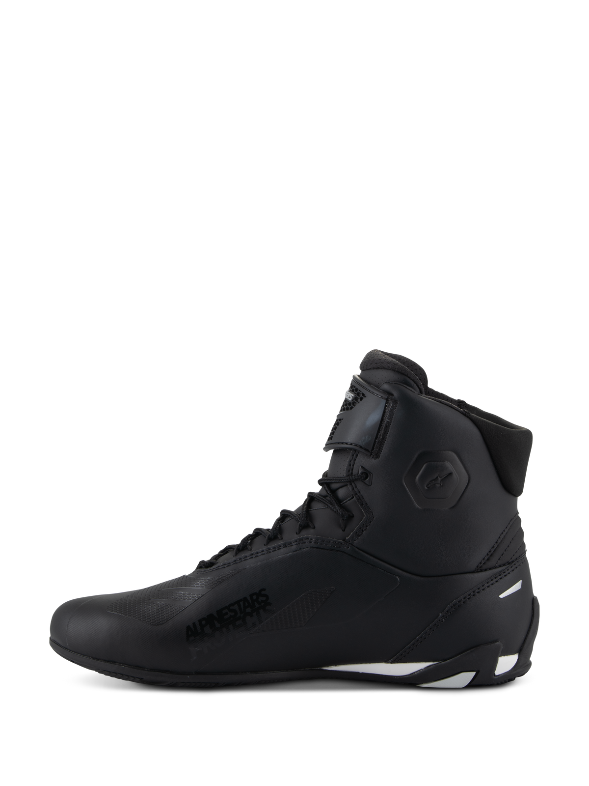 Alpinestars Stella Faster-4 sko, køresko til kvinder, sort med hvide detaljer, sideprofil, high-top design med snørebånd og justerbar ankelrem, beskyttende motorcykelfodtøj