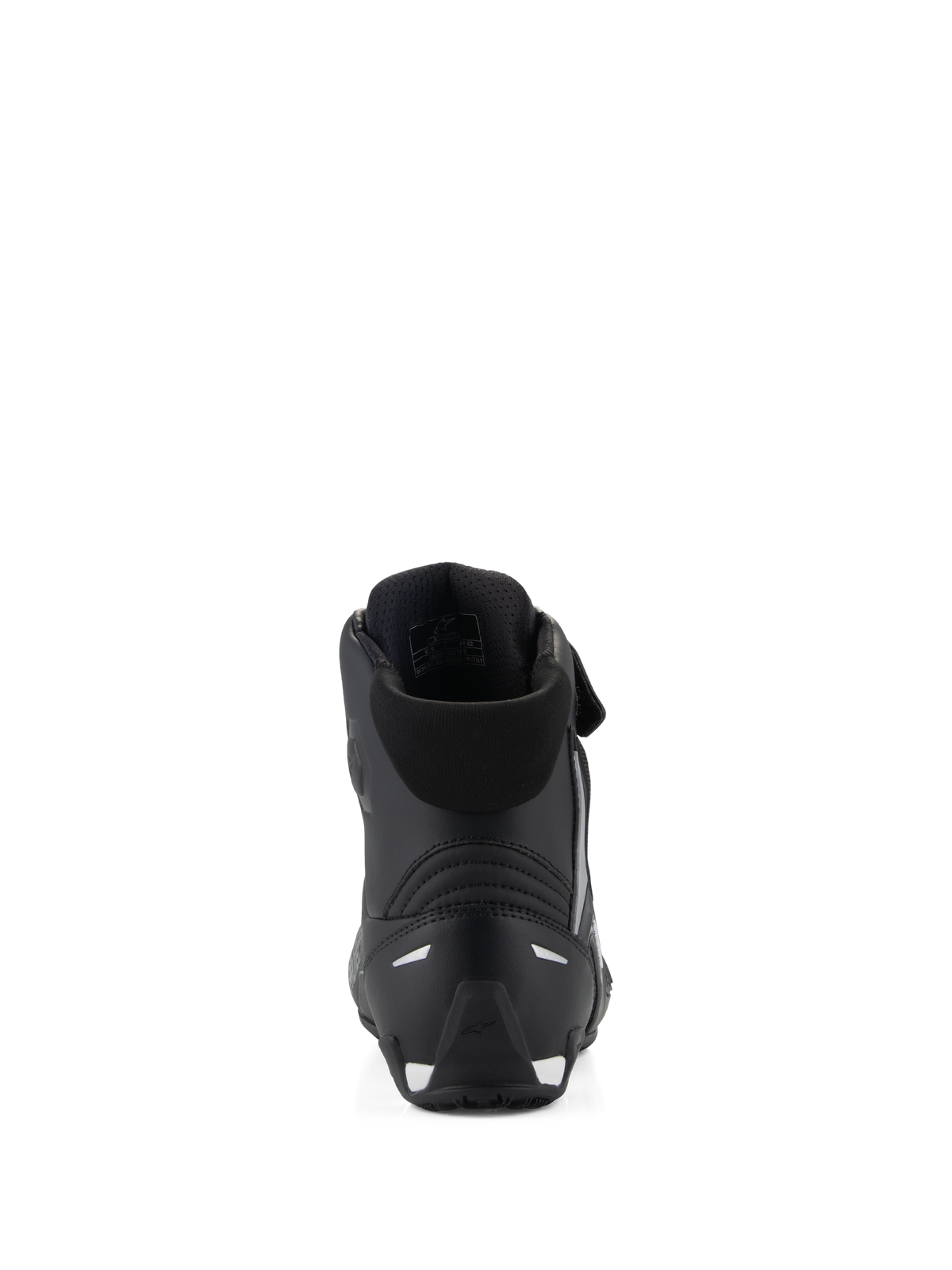 Alpinestars Stella Faster-4 sko, motorcykel-køresko til kvinder, sort, set bagfra, viser den polstrede krave, forstærket TPR-hælkappe og reflekterende detaljer, strømlinet performance-design til vejkørsel
