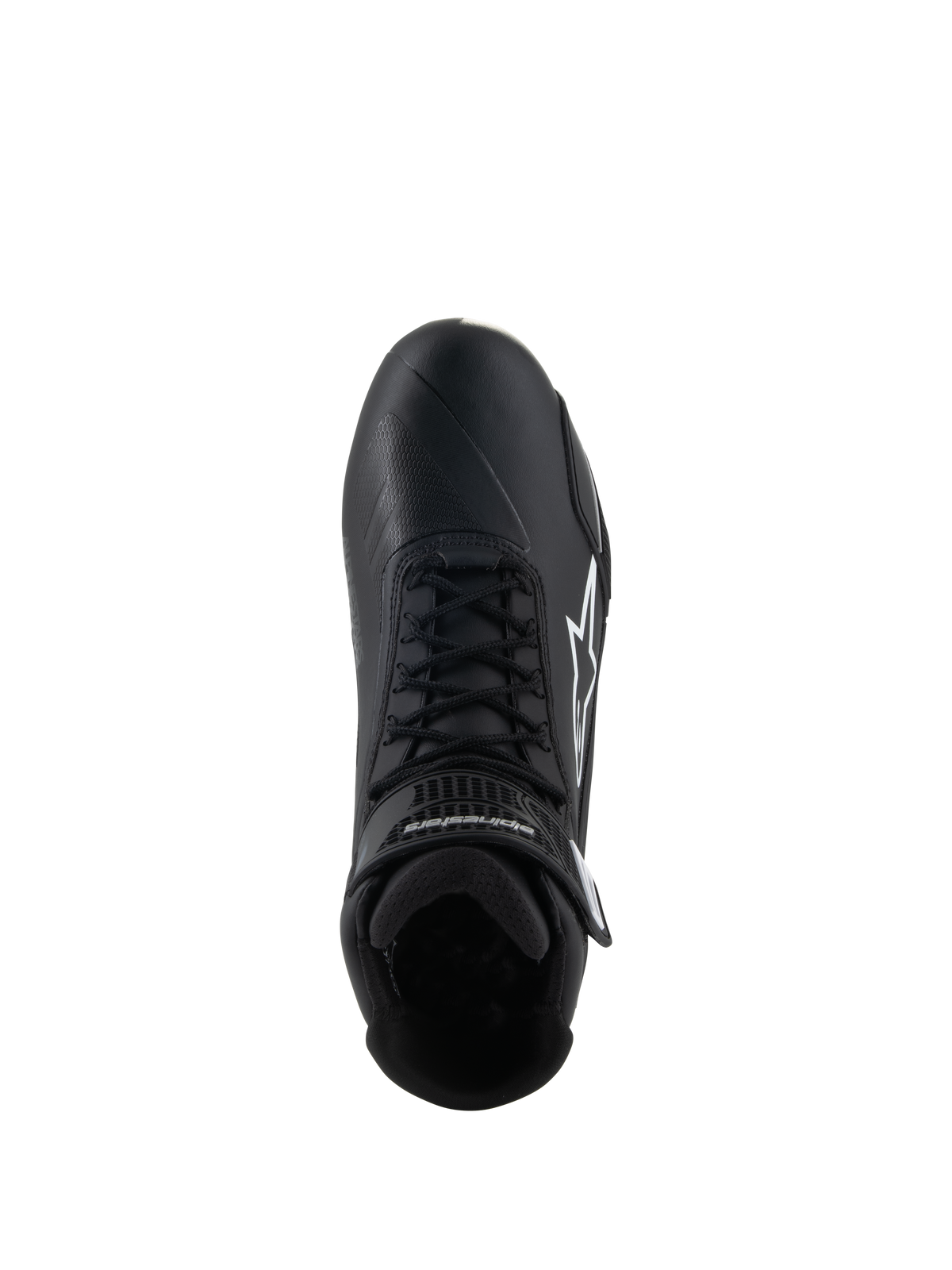 Alpinestars Stella Faster-4 sko, køresko til kvinder, sort, set oppefra, sorte snørebånd, hvidt Alpinestars stjernelogo, justerbar ankelrem, strømlinet mikrofiberdesign til vej- og sportskørsel