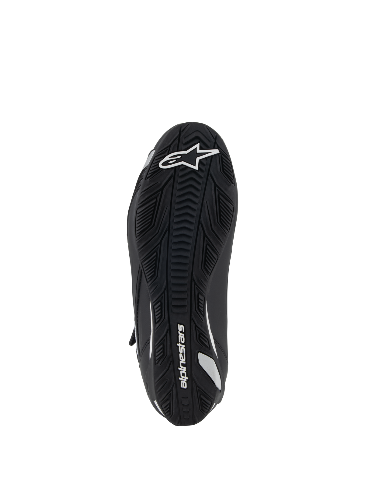 Alpinestars Stella Faster-4 køresko til kvinder, set nedefra, sort gummisål med tekstureret greb, hvidt Alpinestars-logo og branding, ergonomisk design for trækkraft og støtte