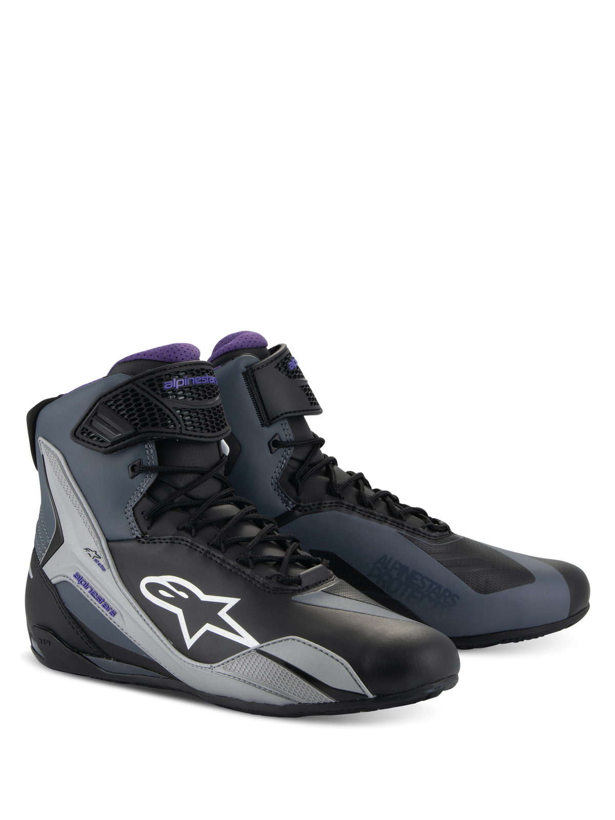 Alpinestars Stella Faster-4 køresko til damer, sort, grå og lilla, teknisk high-top design med snørebånd.