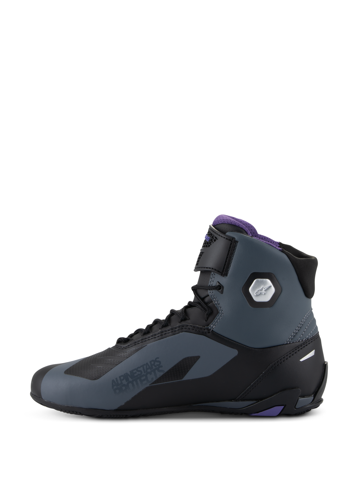 Alpinestars Stella Faster-4 damekøresko, high-top motorcykelsko, sort og grå med lilla detaljer og ankelbeskyttelse.