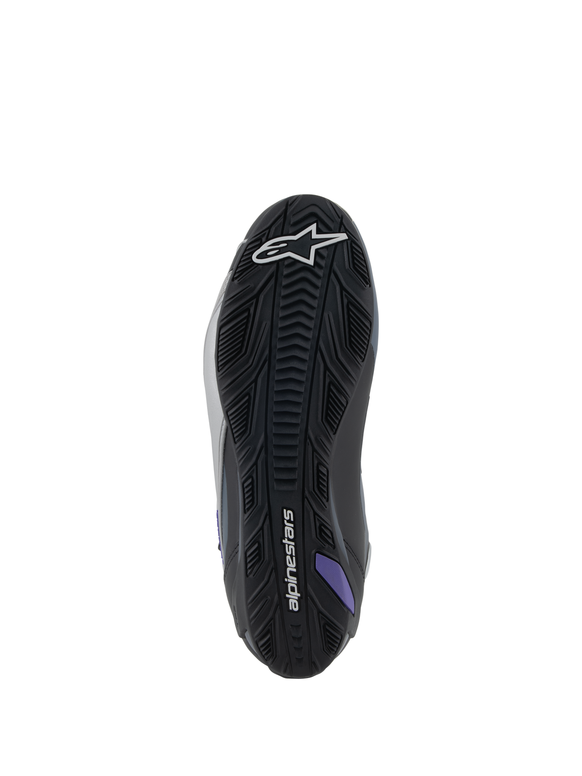 Alpinestars Stella Faster-4 dame motorcykelkøresko, sål i sort, grå og lilla med tekstureret gummigreb.