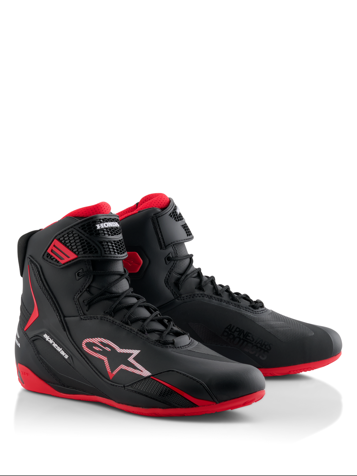 Alpinestars Honda Faster-4 sko, motorcykelkøresko, sort og rød, strømlinet high-top design med snørelukning og ankelrem, røde såler, Alpinestars- og Honda-branding