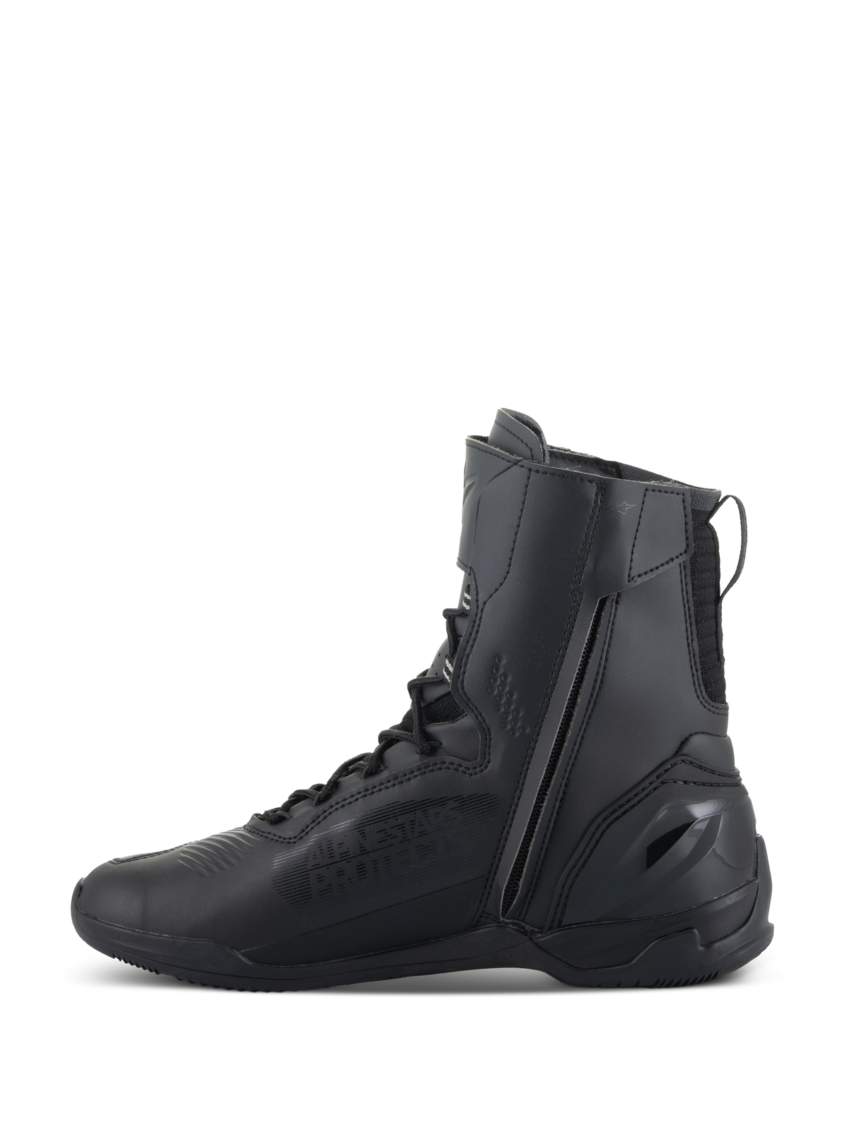 Alpinestars Superfaster-sko, motorcykel-køresko, sort, med en høj 25 cm profil, lang lynlås på den mediale side og speed lace-system, strømlinet sort mikrofiberdesign med forstærket hæl.