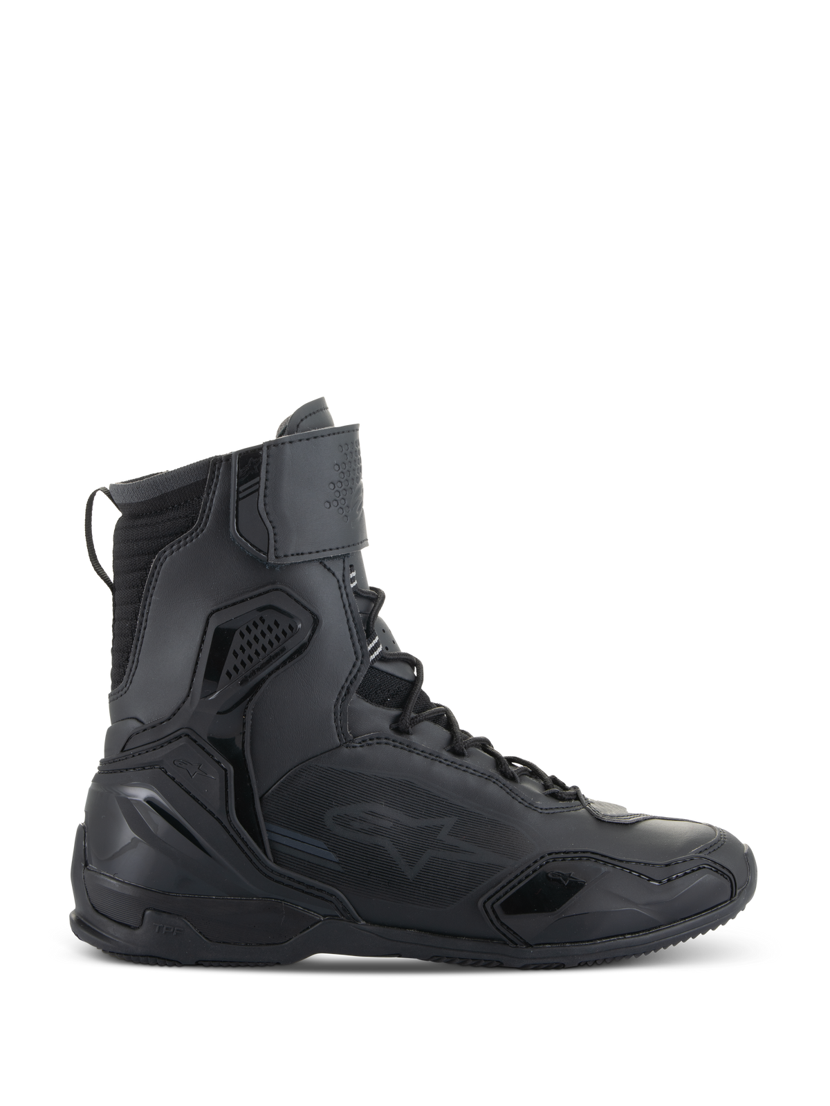 Alpinestars Superfaster sko, motorcykel køresko, sort, sideprofil af teknisk high-top fodtøj med integreret beskyttelse, speed lace-system og velcro-ankelrem