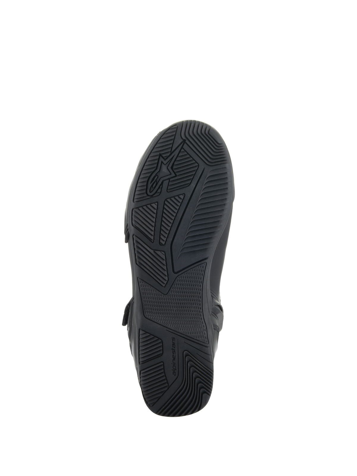 Alpinestars Superfaster sko, sort, set nedefra viser gummisålen med konstrueret greb og slidbanemønster, med Alpinestars logo og branding, designet til stabilitet under motorcykelkørsel.