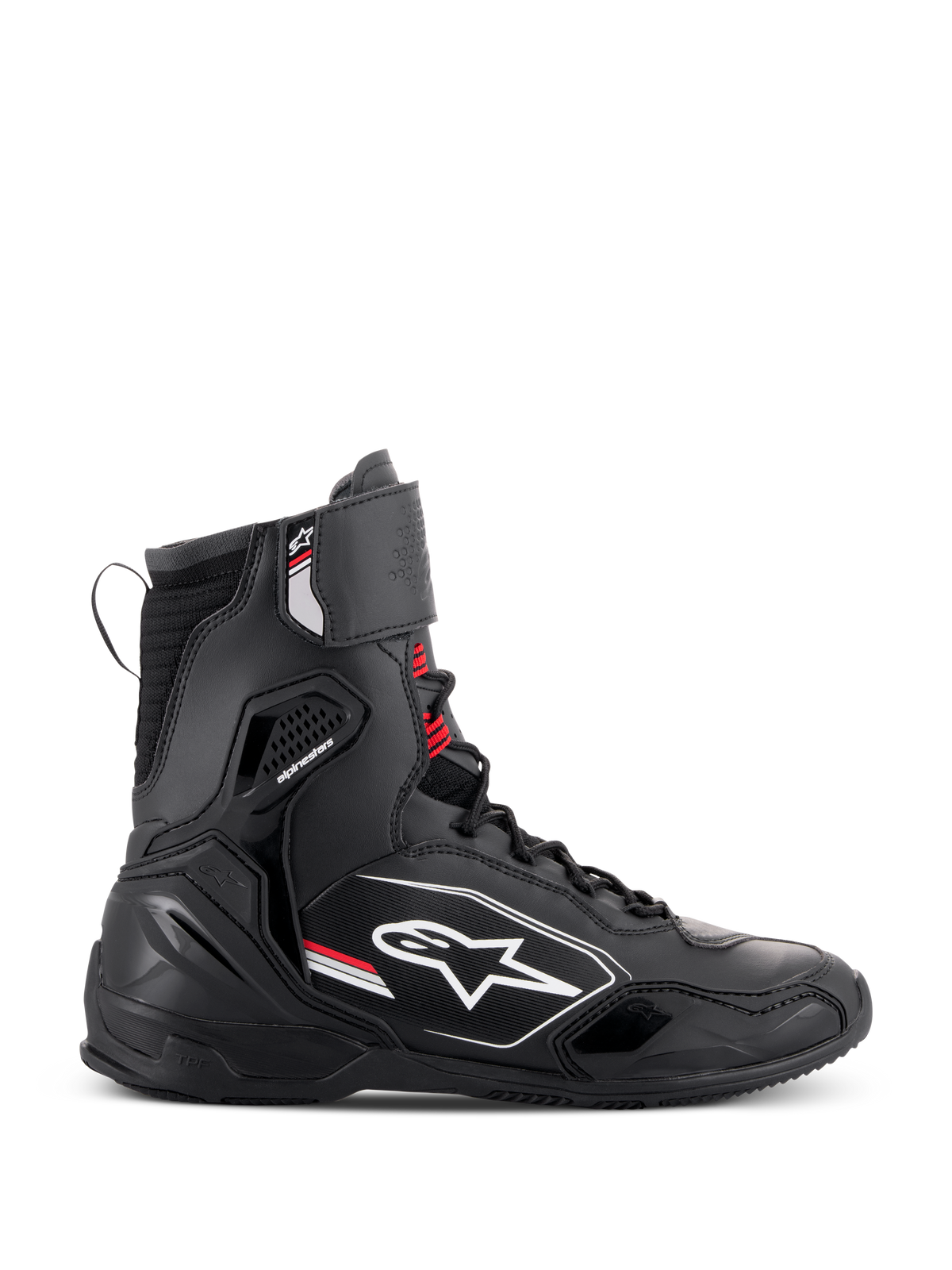 Alpinestars Superfaster sko, høje motorcykel-køresko, sort, grå og stærk rød, profilvisning fra siden med hvidt Alpinestars-logo, forstærket ankel- og hælbeskyttelse, snøresystem med rem øverst