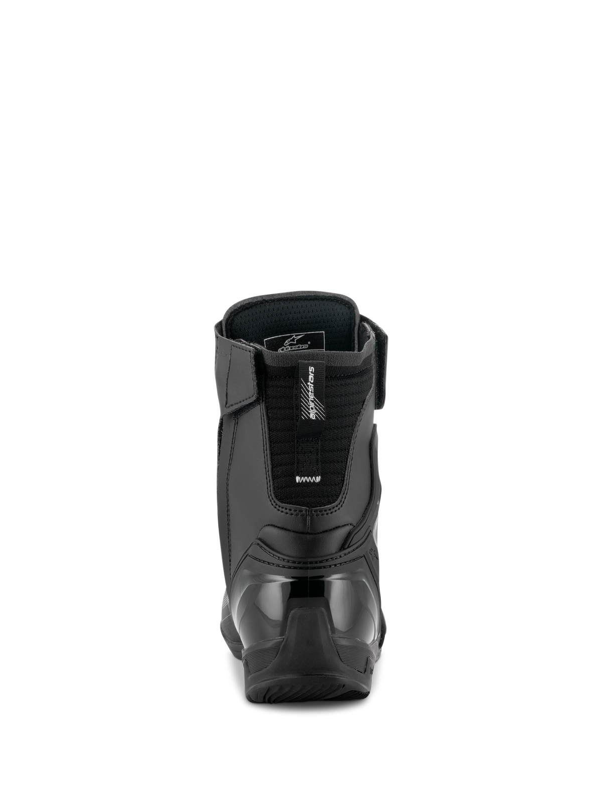 Alpinestars Superfaster-sko, sort grå klar rød, set bagfra, som viser den forstærkede TPU-hælkappe og Achilles-forlængelse, teknisk high-top motorcykel-køresko med mikrofiberpaneler.