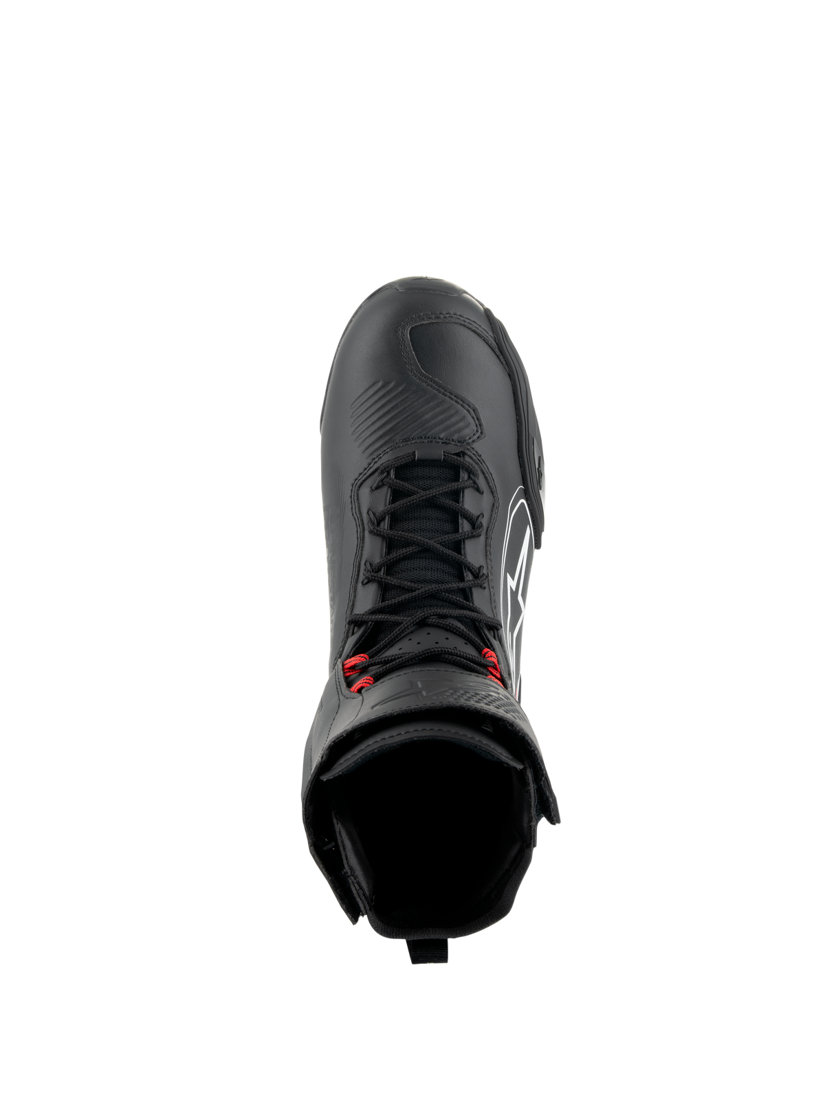 Alpinestars Superfaster sko, sort/grå/rød motorcykelsko, set oppefra med sorte speed laces og røde detaljer, forstærket tåboks og høj ankelkrave, teknisk fodtøj til landevejs- og sportskørsel