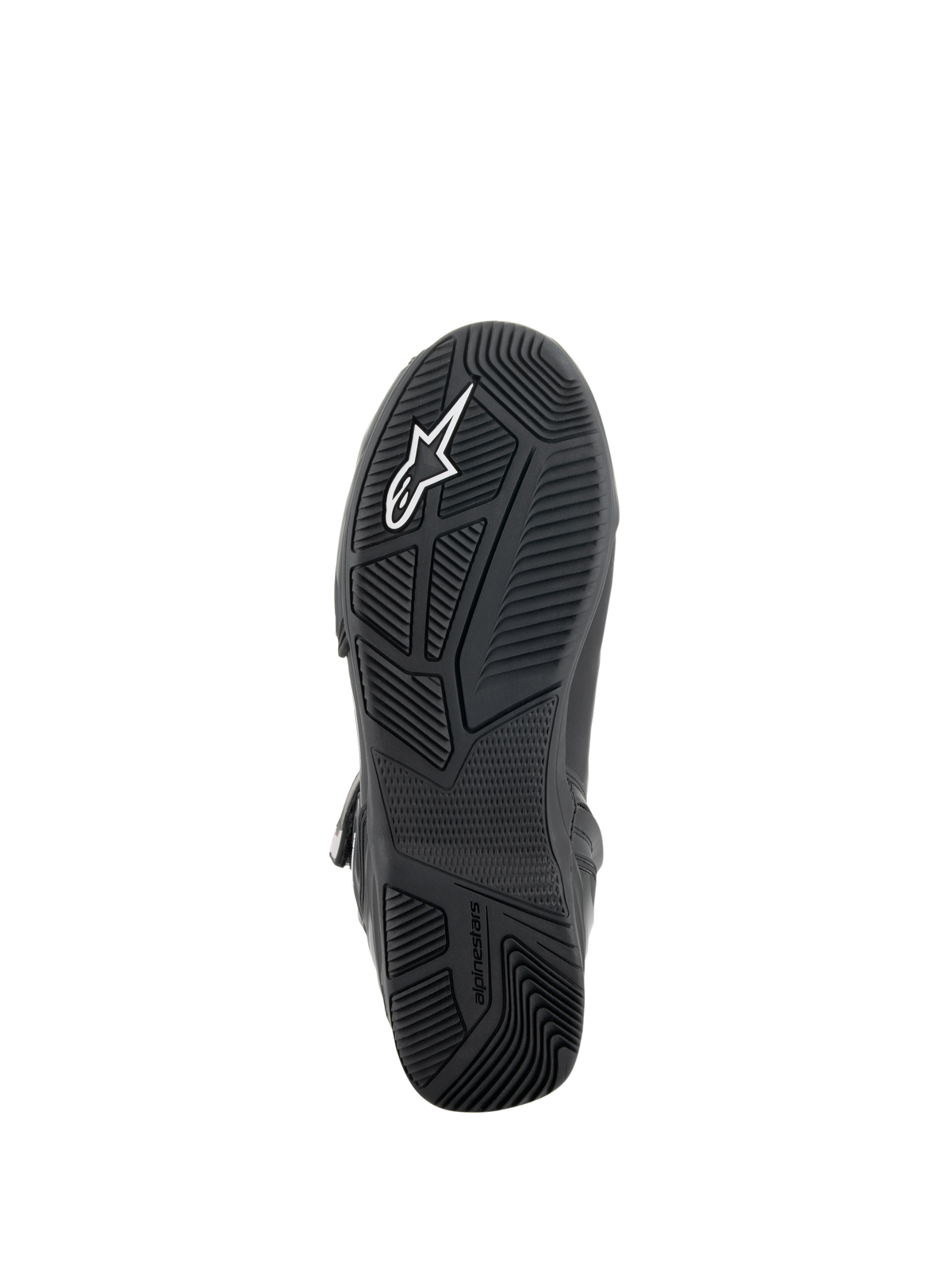 Alpinestars Superfaster sko, undersiden af sålen, sort gummiydersål med konstruerede grebsmønstre i flere retninger, med hvidt Alpinestars-logo og præget branding, teknisk fodtøjsdesign til motorcykelkørsel