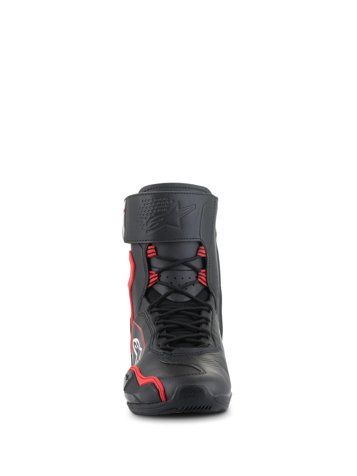 Alpinestars Superfaster sko, højskaftede motorcykel-køresko, sort med skarpe røde og hvide detaljer, set forfra med speed lace-system, beskyttende skinnebensrem med præget stjernelogo og forstærket tåområde.