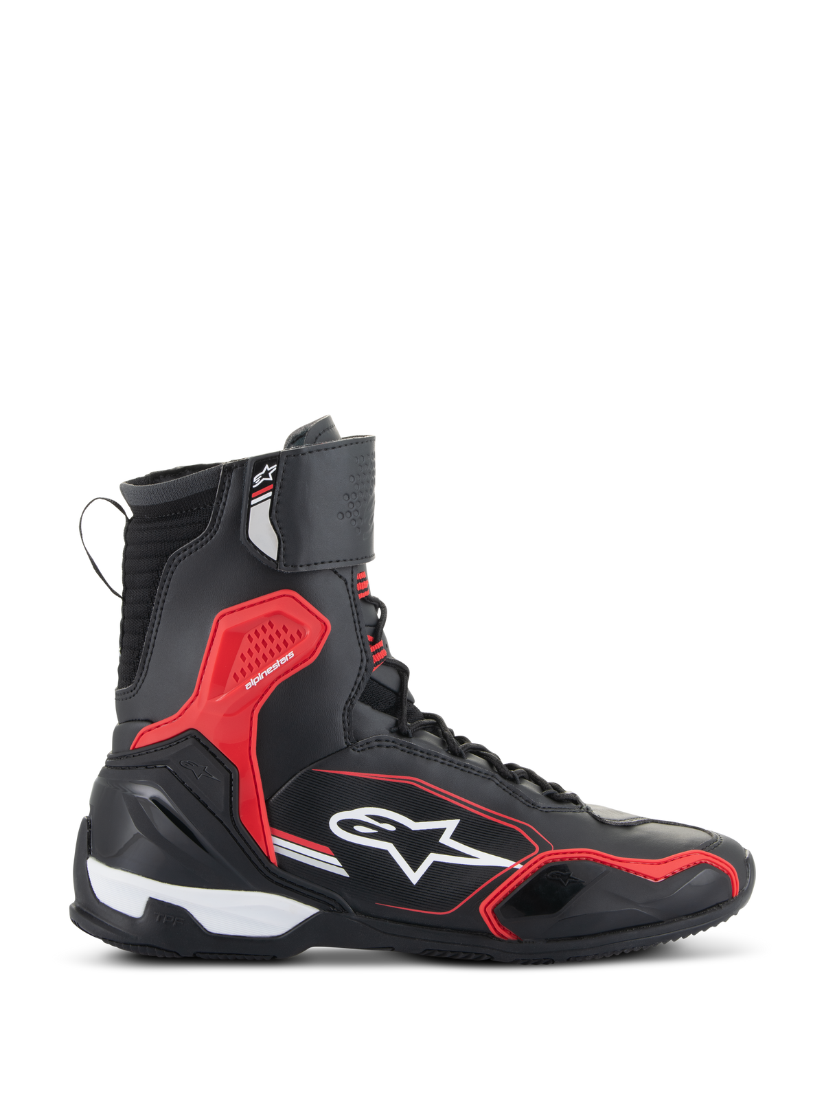 Alpinestars Superfaster sko, motorcykelsko, sort, klar rød og hvid, set fra siden med høj krave, rød TPU-stødbeskyttelse og hvidt Alpinestars-logo, sportsorienteret beskyttelsesfodtøj til vej