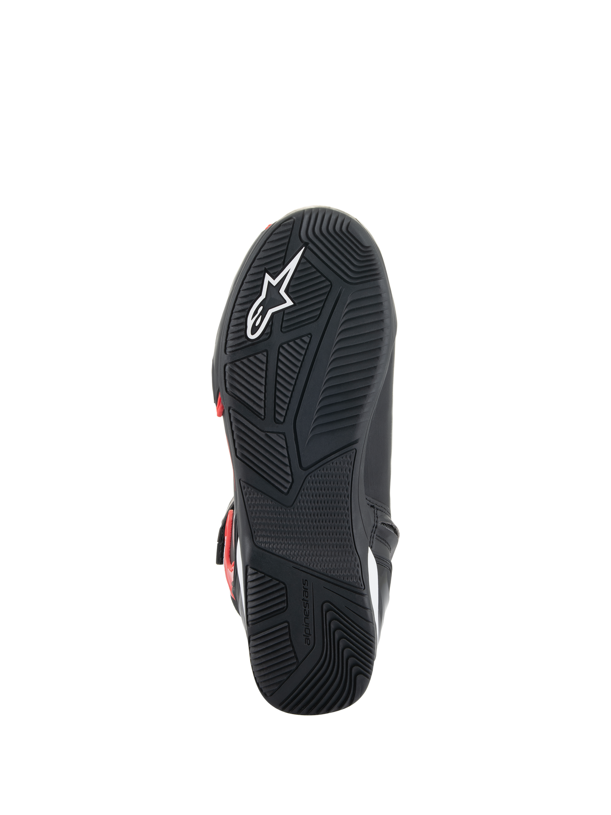 Alpinestars Superfaster sko, sålvisning, sort gummisål med teknisk gribemønster, hvidt Astars-logo og præget Alpinestars-branding, designet til motorcykelkørsel og gåkomfort