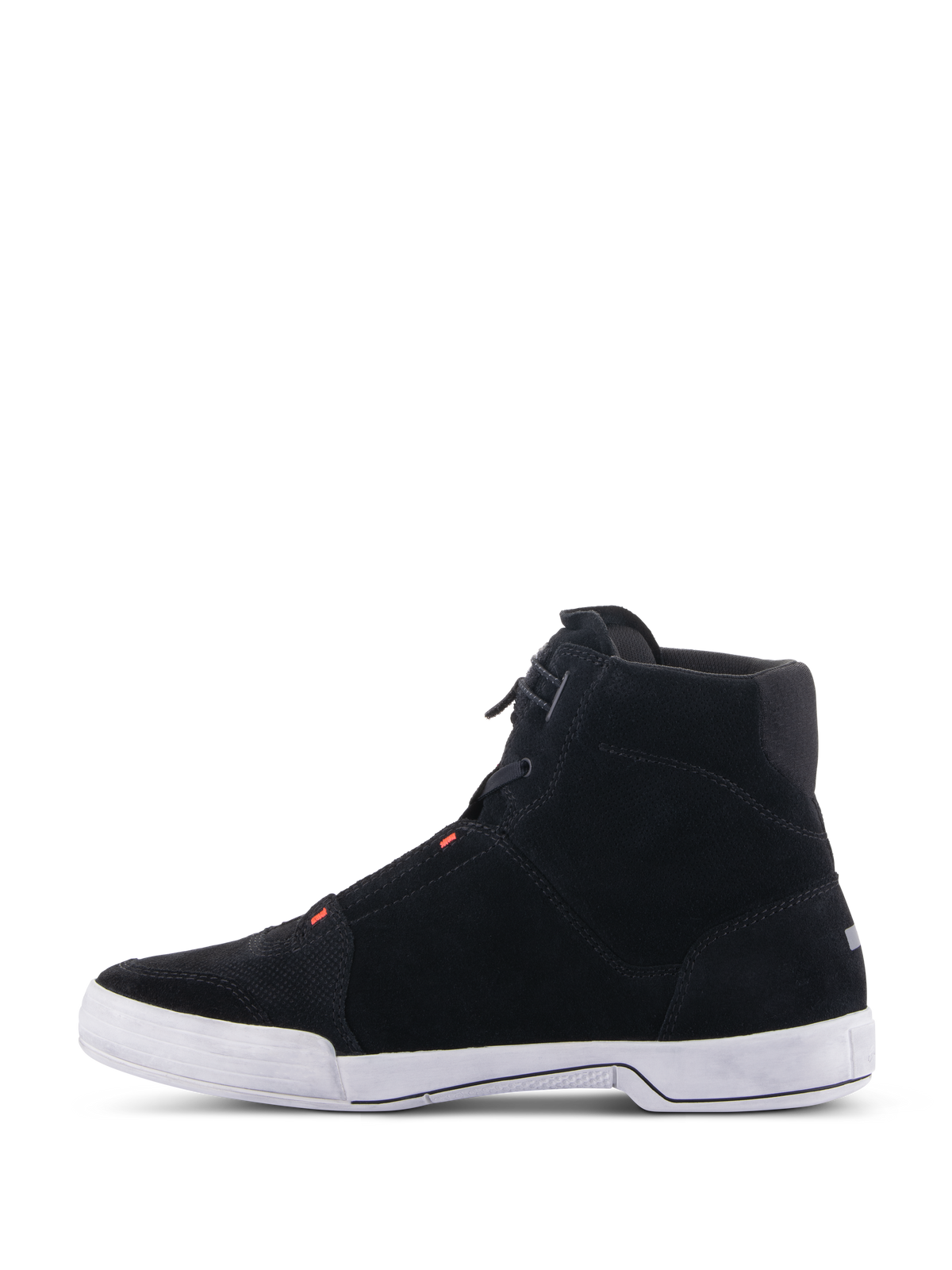 Alpinestars Chrome sko, motorcykel køresko, sort og Cool Gray med rød fluo, sideprofil med split ruskindskonstruktion og hvid gummisål, afslappet sneaker-silhuet til bykørsel
