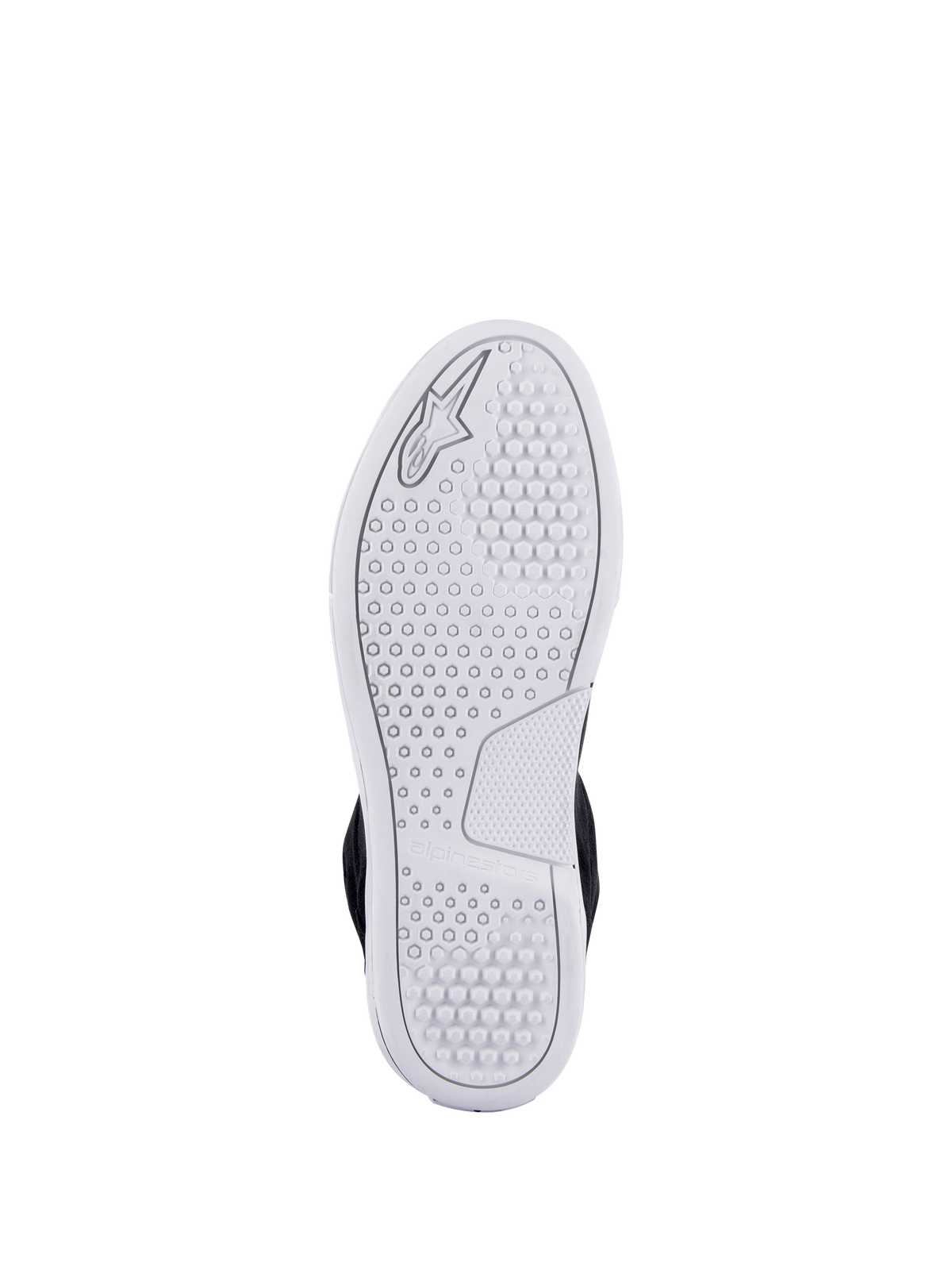 Alpinestars Chrome Shoes, visning af hvid avanceret urban sål, med sekskantet mønster for greb og præget Alpinestars-logo, afslappet fodtøj til motorcykelkørsel