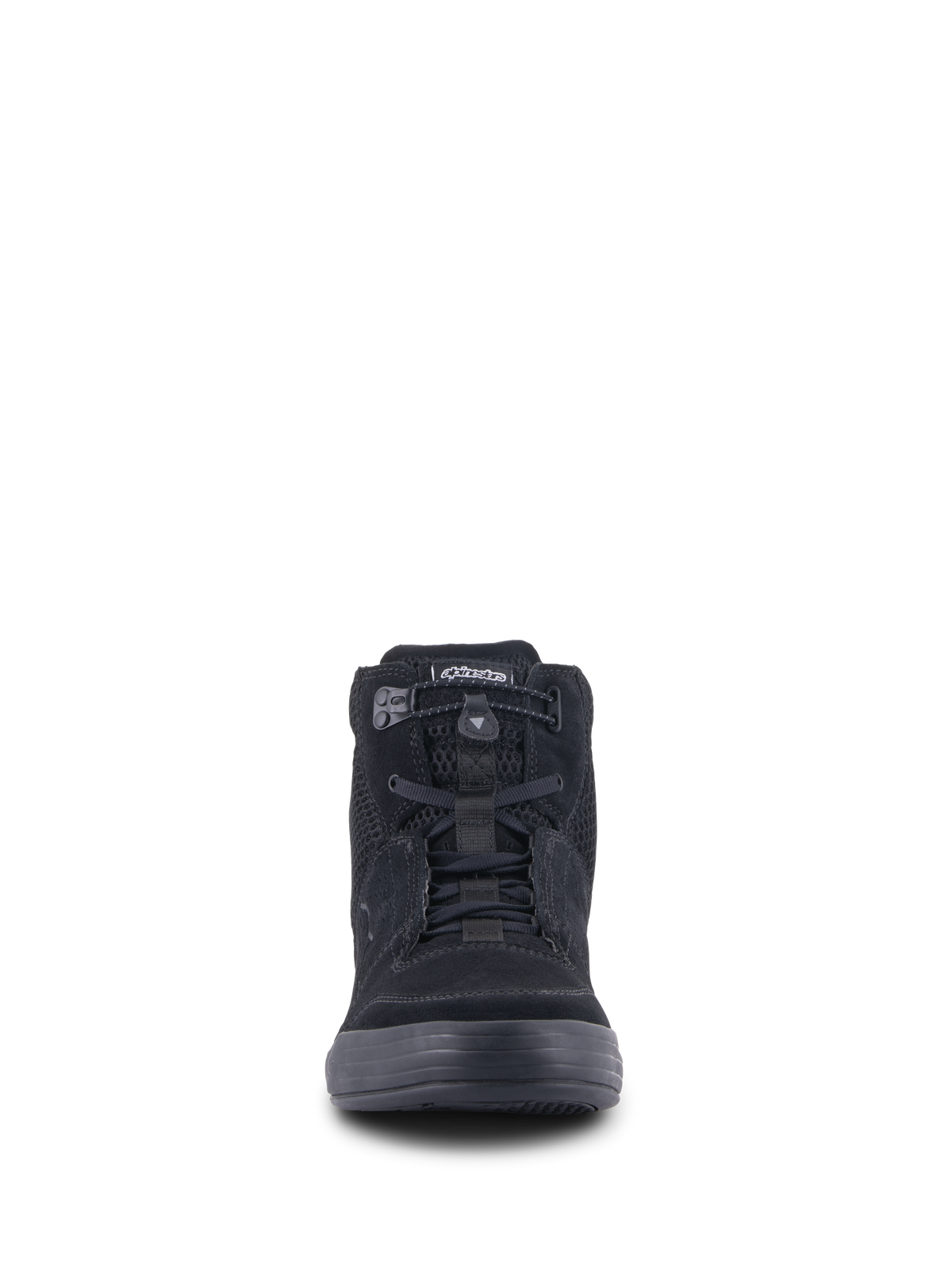 Alpinestars Chrome Air Shoe, urban motorcykelkøresko, sort, set forfra, viser overdel i delt ruskind og mesh, elastisk snørelukning og et afslappet high-top sneakerdesign