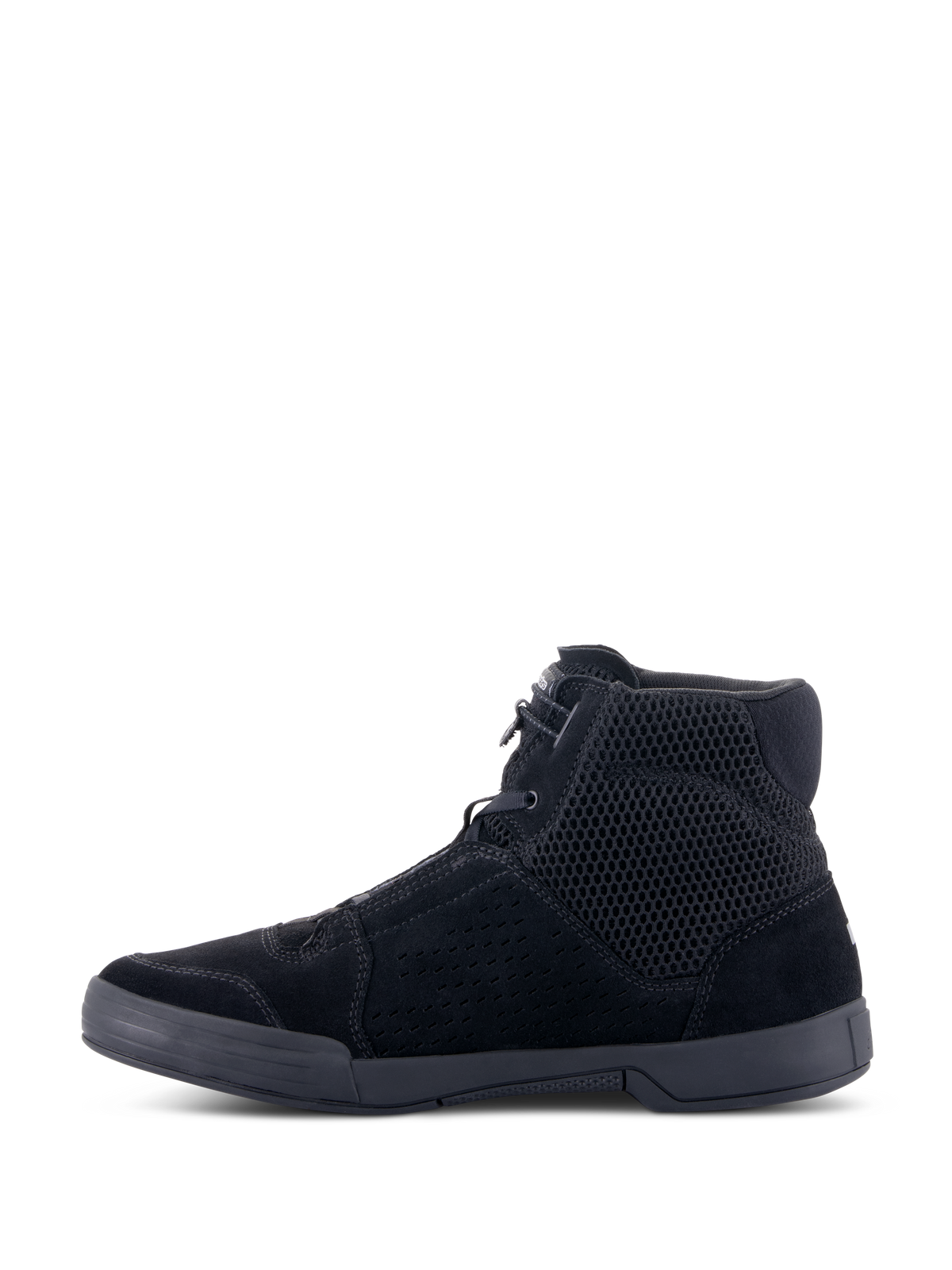 Alpinestars Chrome Air Shoe, urban motorcykel køresko, sort/sort, set fra siden, high-top sneaker-design med åndbar mesh og delt ruskindskonstruktion, flad gummisål