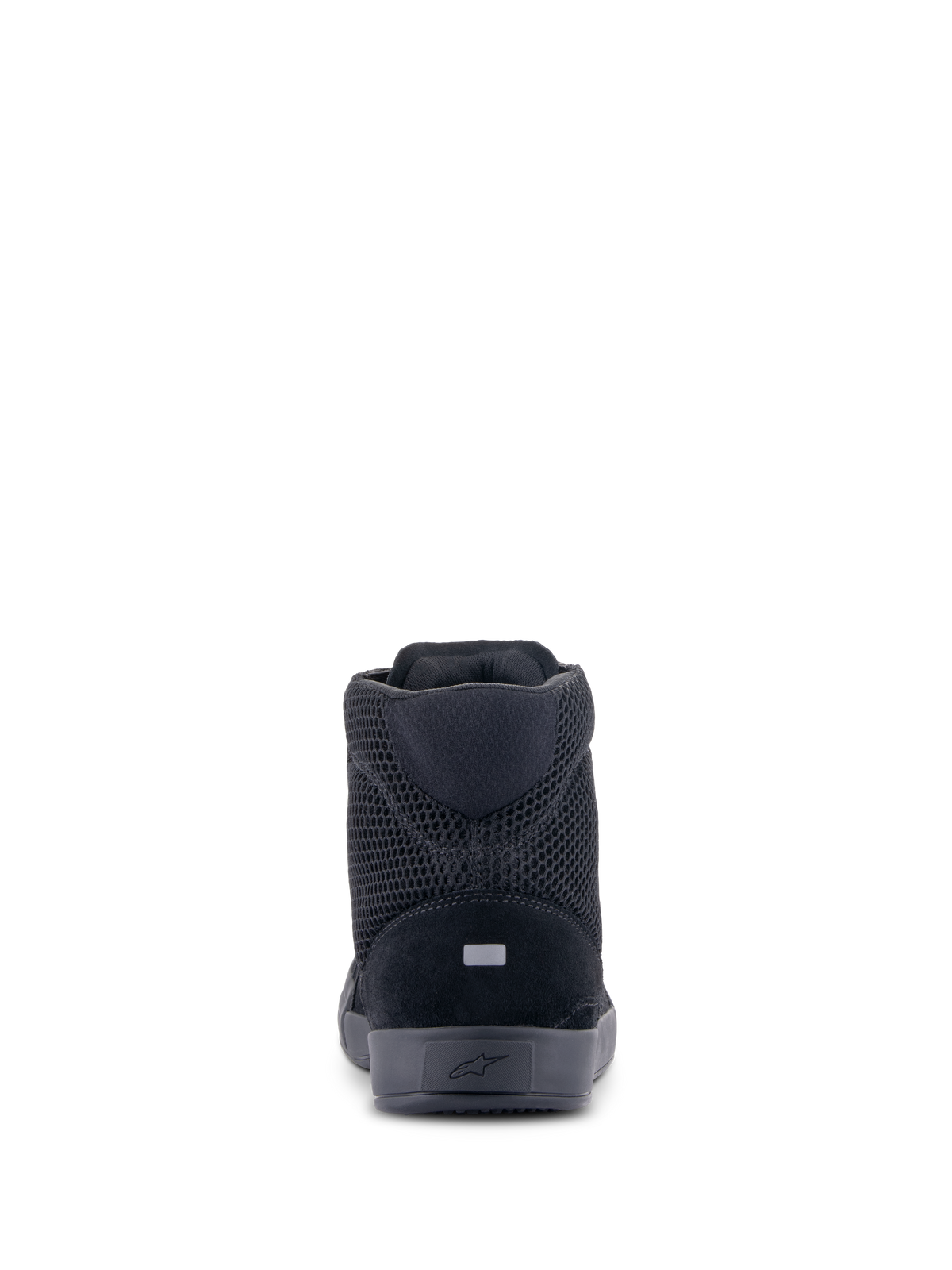 Alpinestars Chrome Air sko, motorcykel-køresko, sort sort, set bagfra der viser åndbar mesh og overdel i delt ruskind, reflekterende hældetalje og casual urbant beskyttende fodtøjsdesign