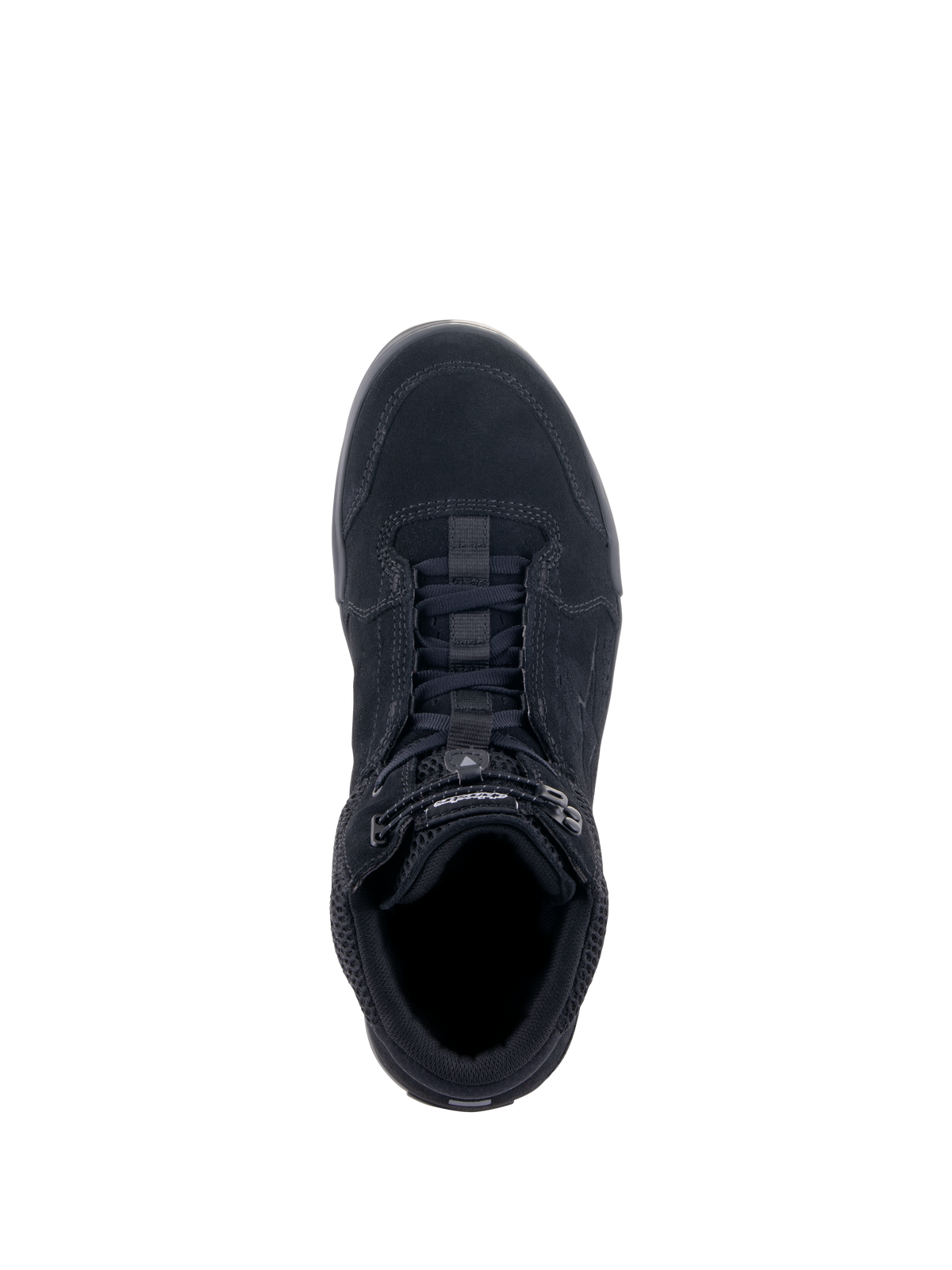 Alpinestars Chrome Air sko, urban motorcykelkøresko, sort, set fra oven, der viser overdel i delt ruskind og mesh, snøresystem med elastisk lukning, afslappet sneaker-design til bykørsel
