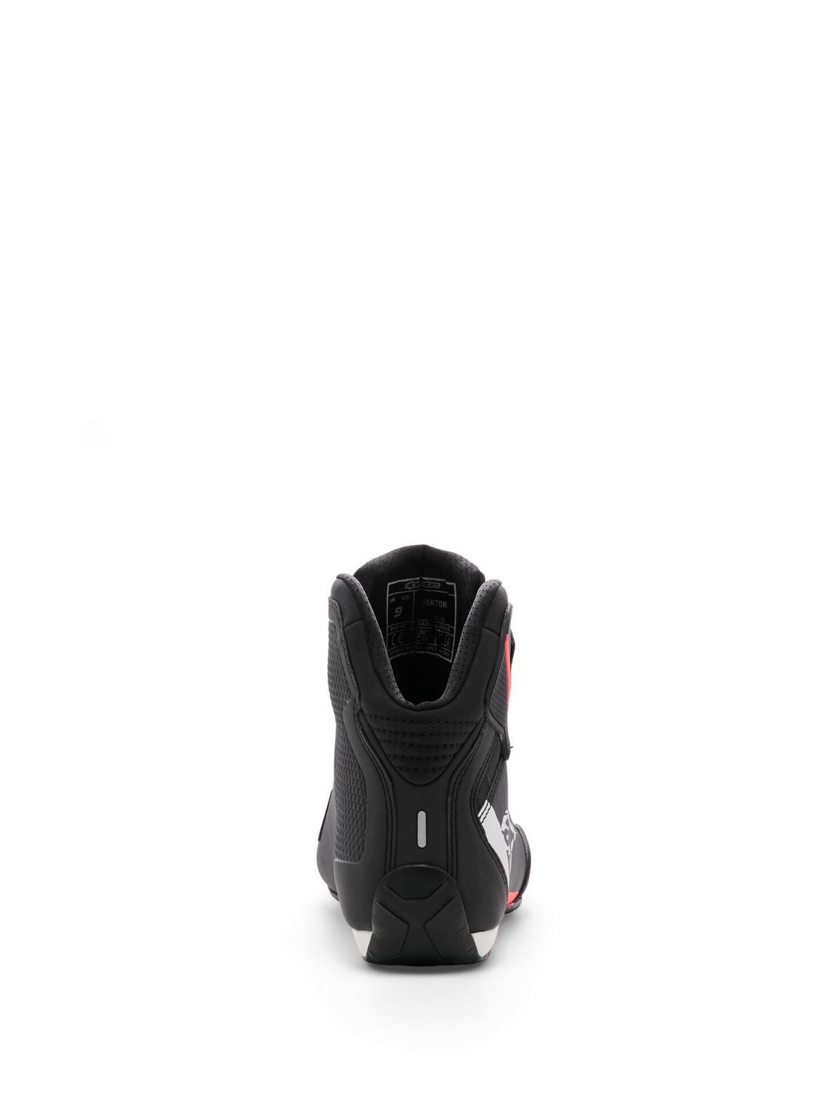 Alpinestars Sektor Shoe, Motorcycle Riding Shoes, Black White Red Fluo, rear view focusing on the heel and internal ankle padding, sleek microfiber finish for sport and road use