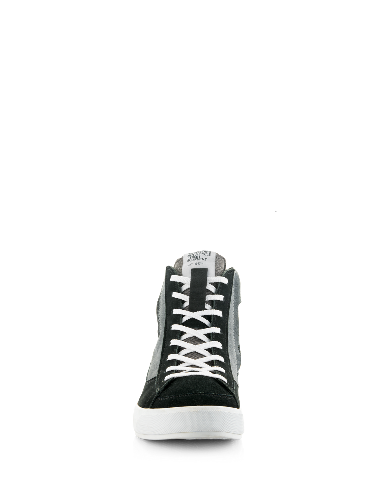Alpinestars Stated-sko, sort, grå og hvid, set forfra af høj motorcykelsneaker, hvide snørebånd, tåboks i sort ruskind, grå lærredspaneler, hvid vulkaniseret sål, urban street-stil