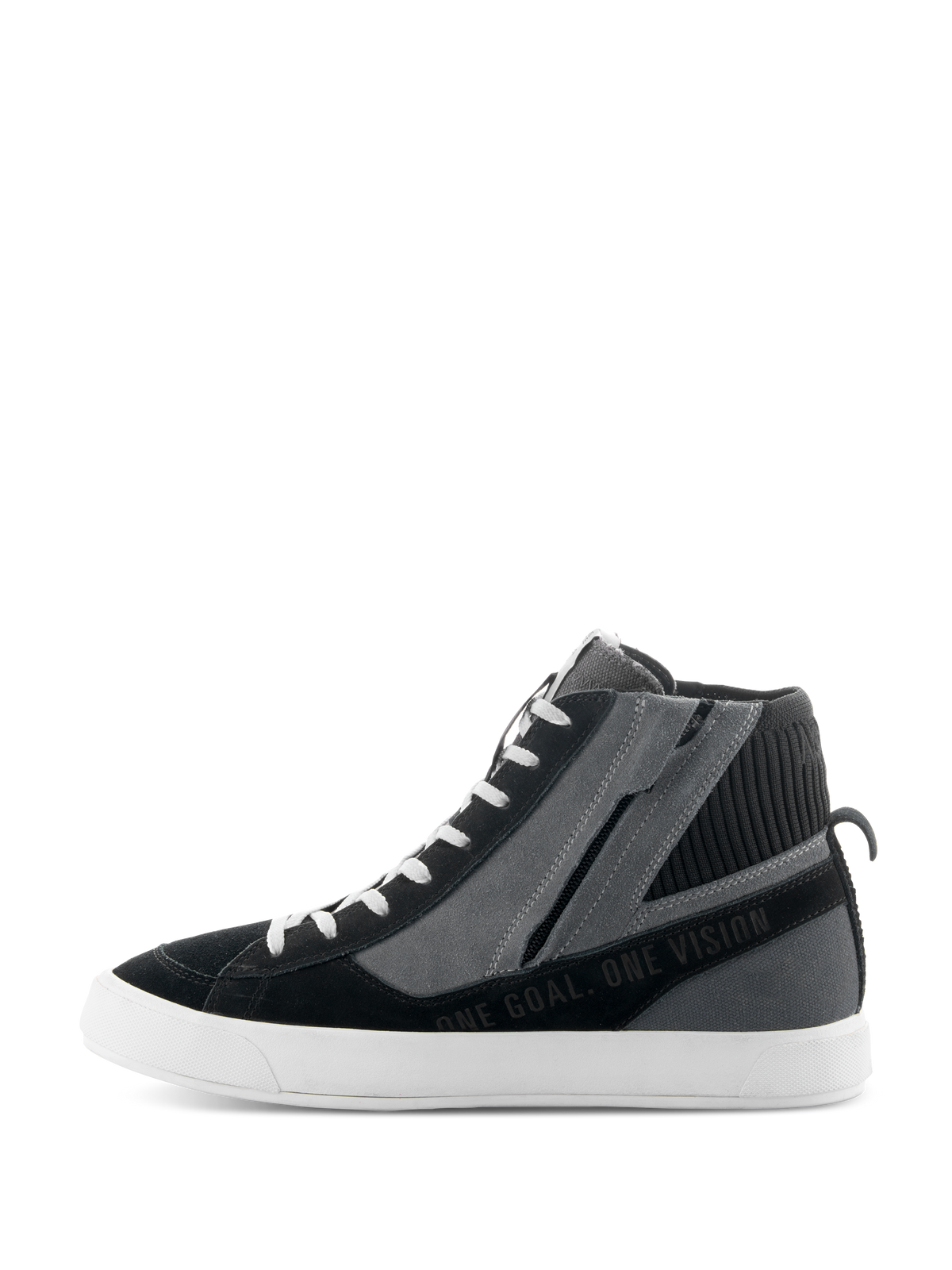 Alpinestars Stated-sko, sorte, grå og hvide urbane motorcykelsko, sideprofil med high-top sneaker-design, sidelynlås, hvid vulkaniseret sål, 'ONE GOAL. ONE VISION'-tekst