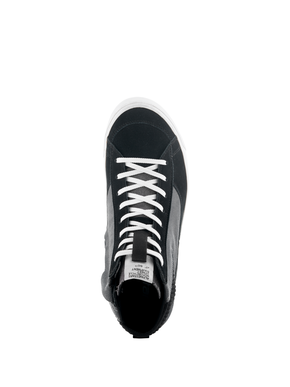 Alpinestars Stated sko, set oppefra af sort, grå og hvid motorcykel-sneaker, med hvide snørebånd, overdel i split ruskind og canvas, hvid vulkaniseret sål, urbant kørefodtøj