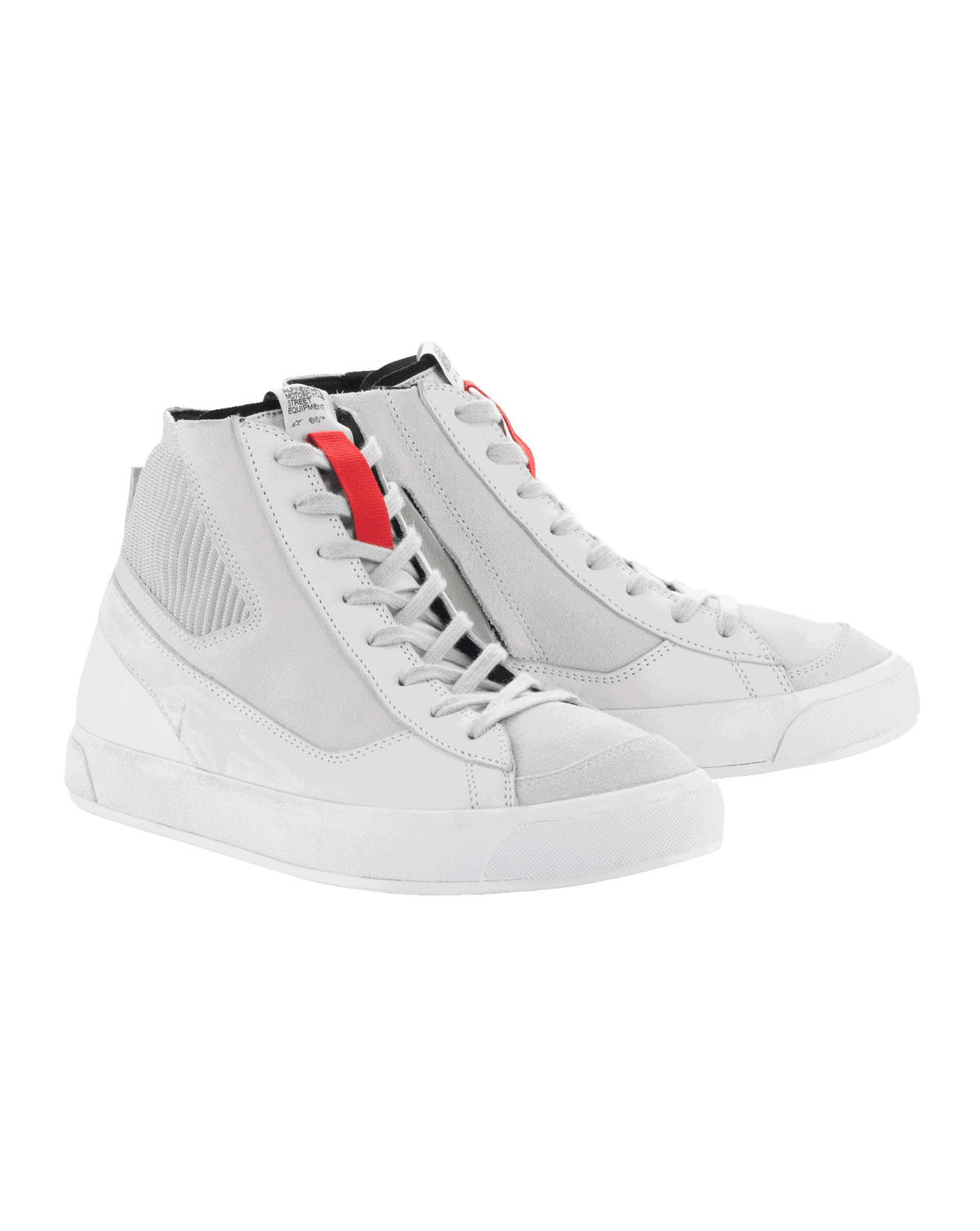 Alpinestars Stated sko, hvid og grå urban motorcykelsneakers med røde detaljer, retro high-top-stil og vulkaniseret sål