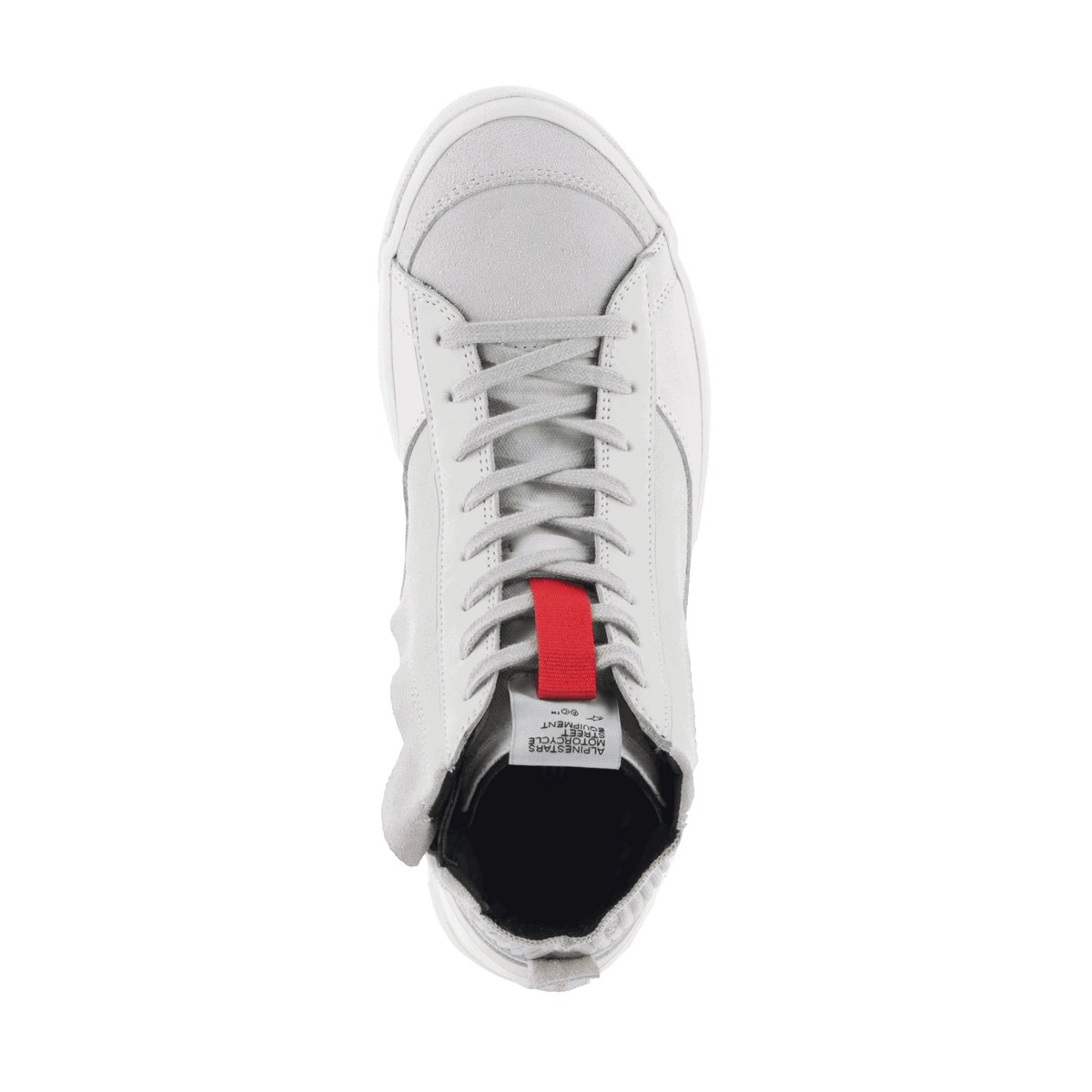 Alpinestars Stated sko, urbane køresko til herrer, hvid og kølig grå, set oppefra, skate-inspireret sneaker i ruskind.