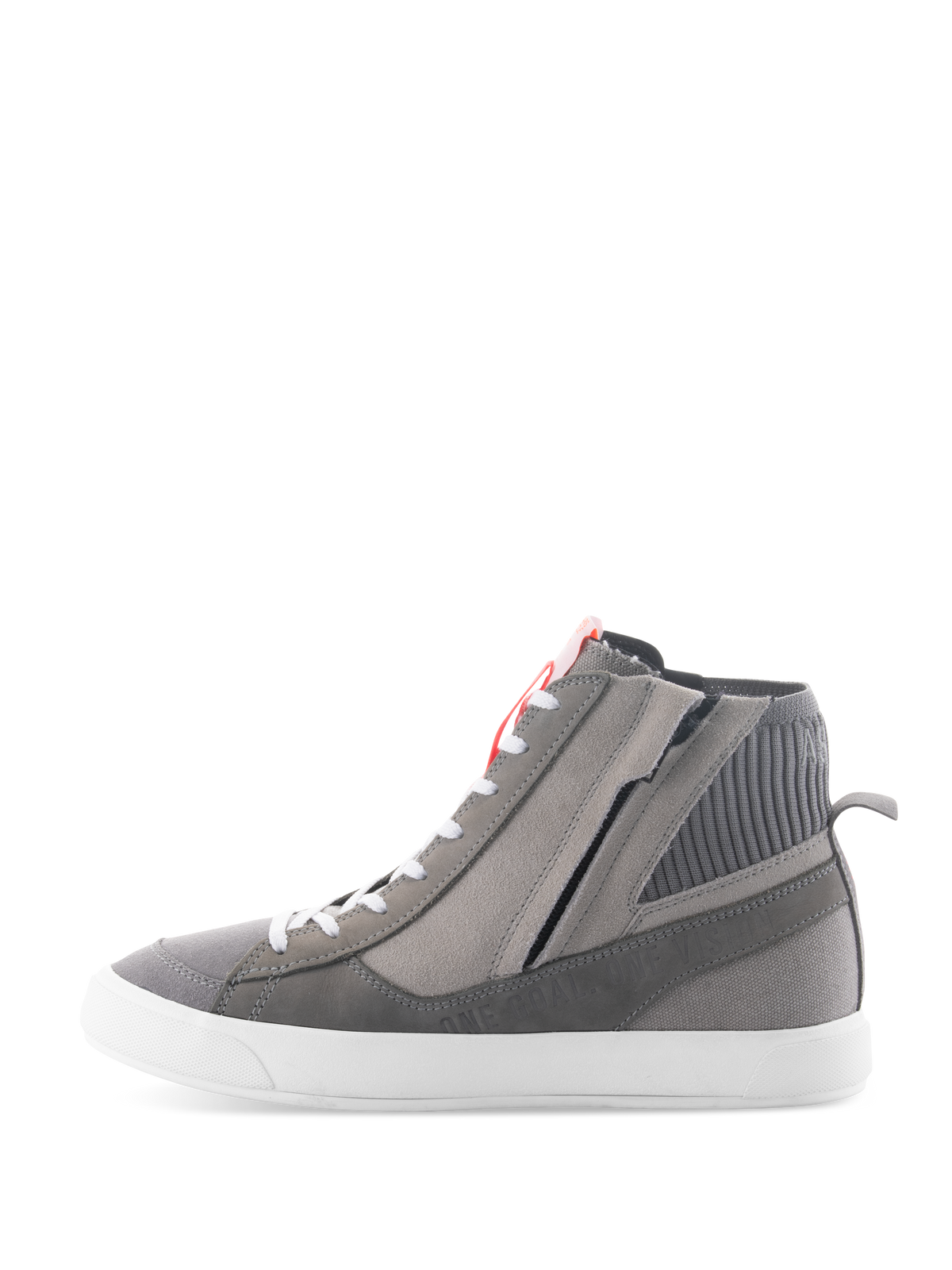 Alpinestars Stated sko, urbane motorcykelsko i Light Gray Red Fluo White, high-top retro sneaker-design med overdel i gråt ruskind og lærred, lateral lynlås og hvid vulkaniseret sål