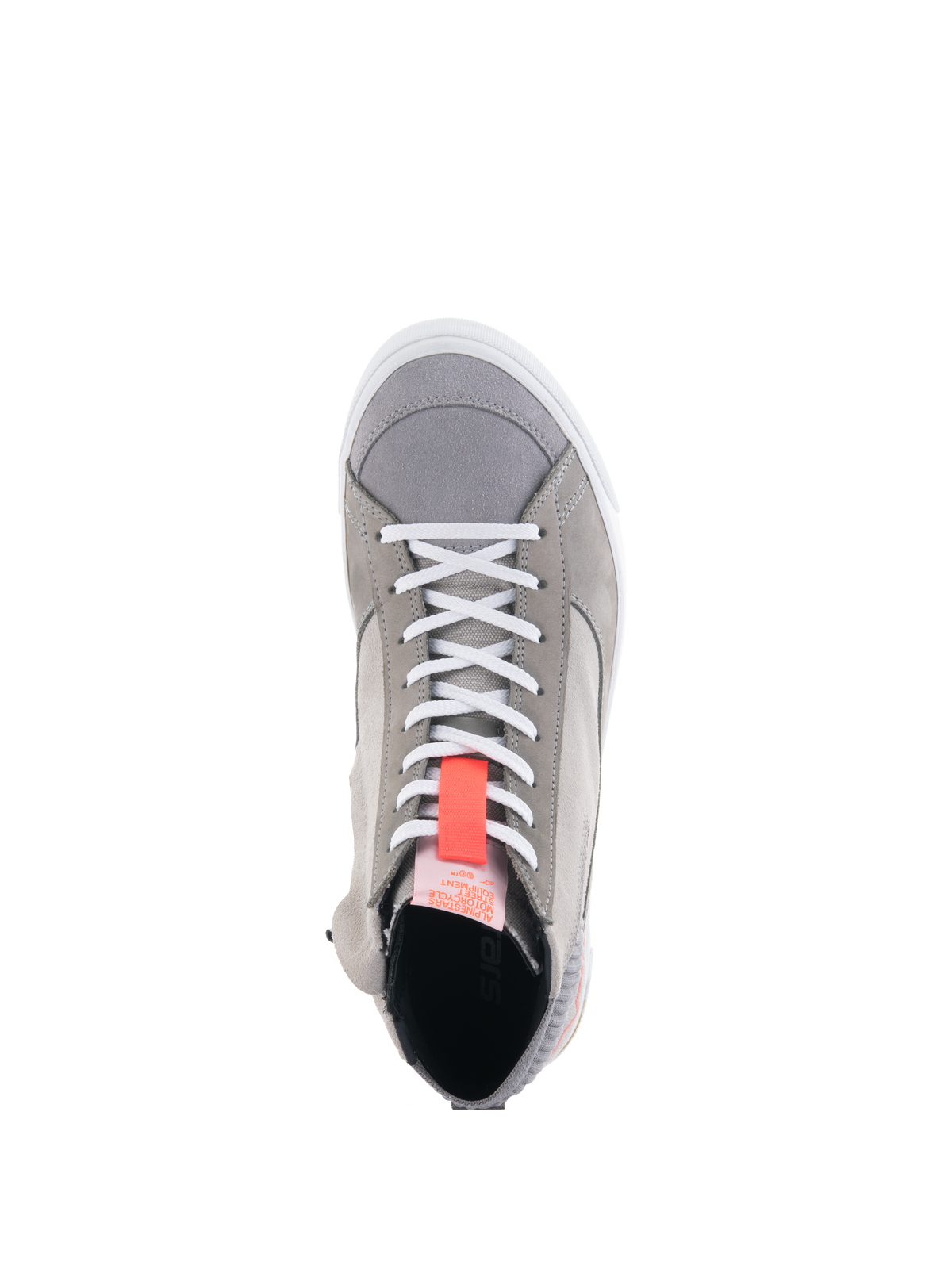 Alpinestars Stated Shoes, lysegrå motorcykelsneakers, set oppefra med hvide snørebånd og en klar neonrød trækstrop, urban street-stil med ruskind og nubuck, hvid vulkaniseret sålkant