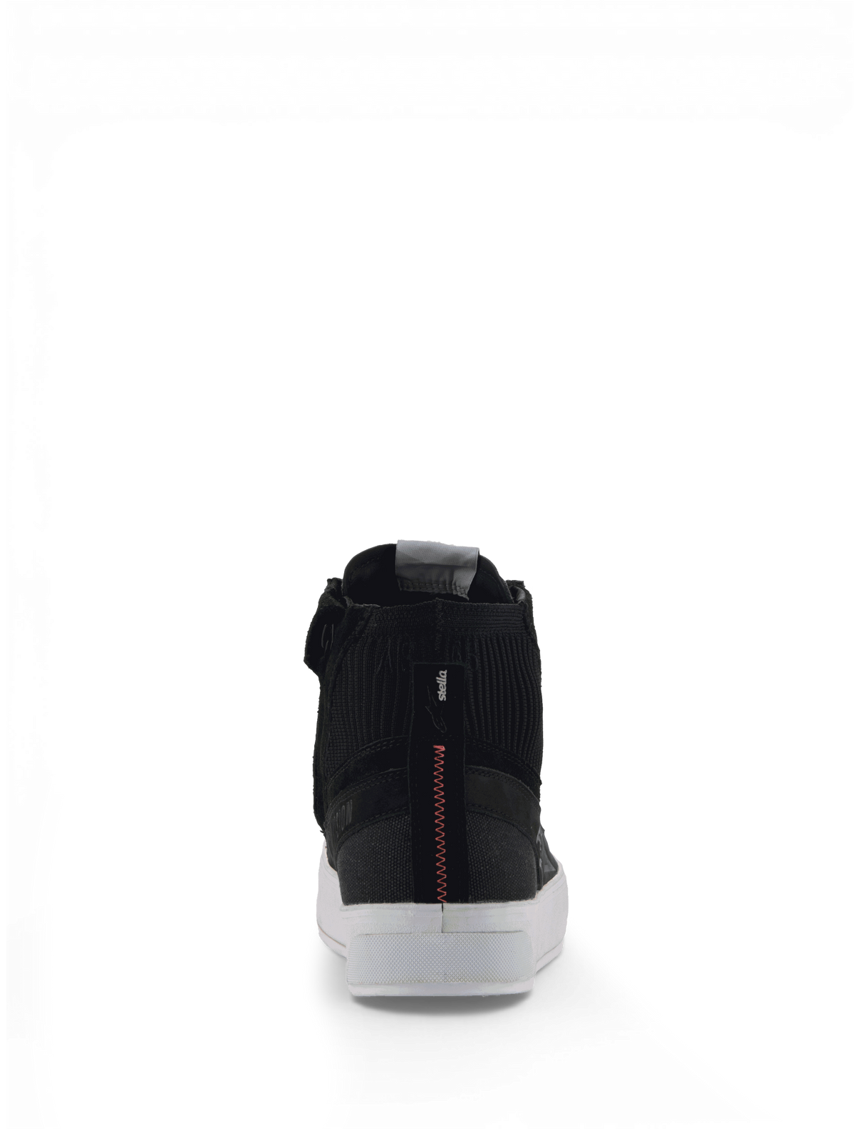 Alpinestars Stella Stated Podium sko, sort urban motorcykelsneaker til damer, hvid sål og rød zigzag-hælsyning.