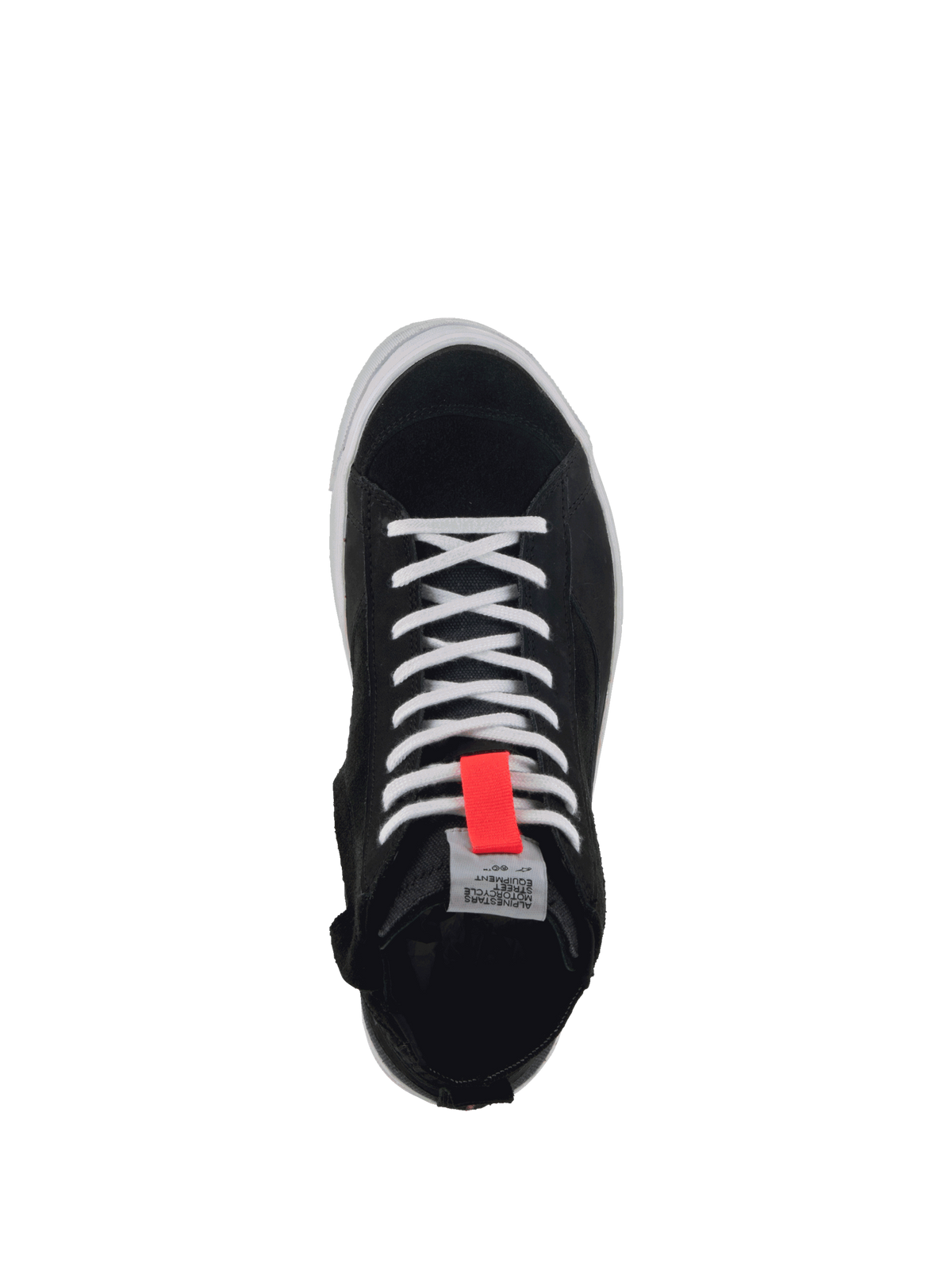 Alpinestars Stella Stated Podium køresko til damer, sort og hvid i ruskind og canvas, urban motorcykelstil, set ovenfra.