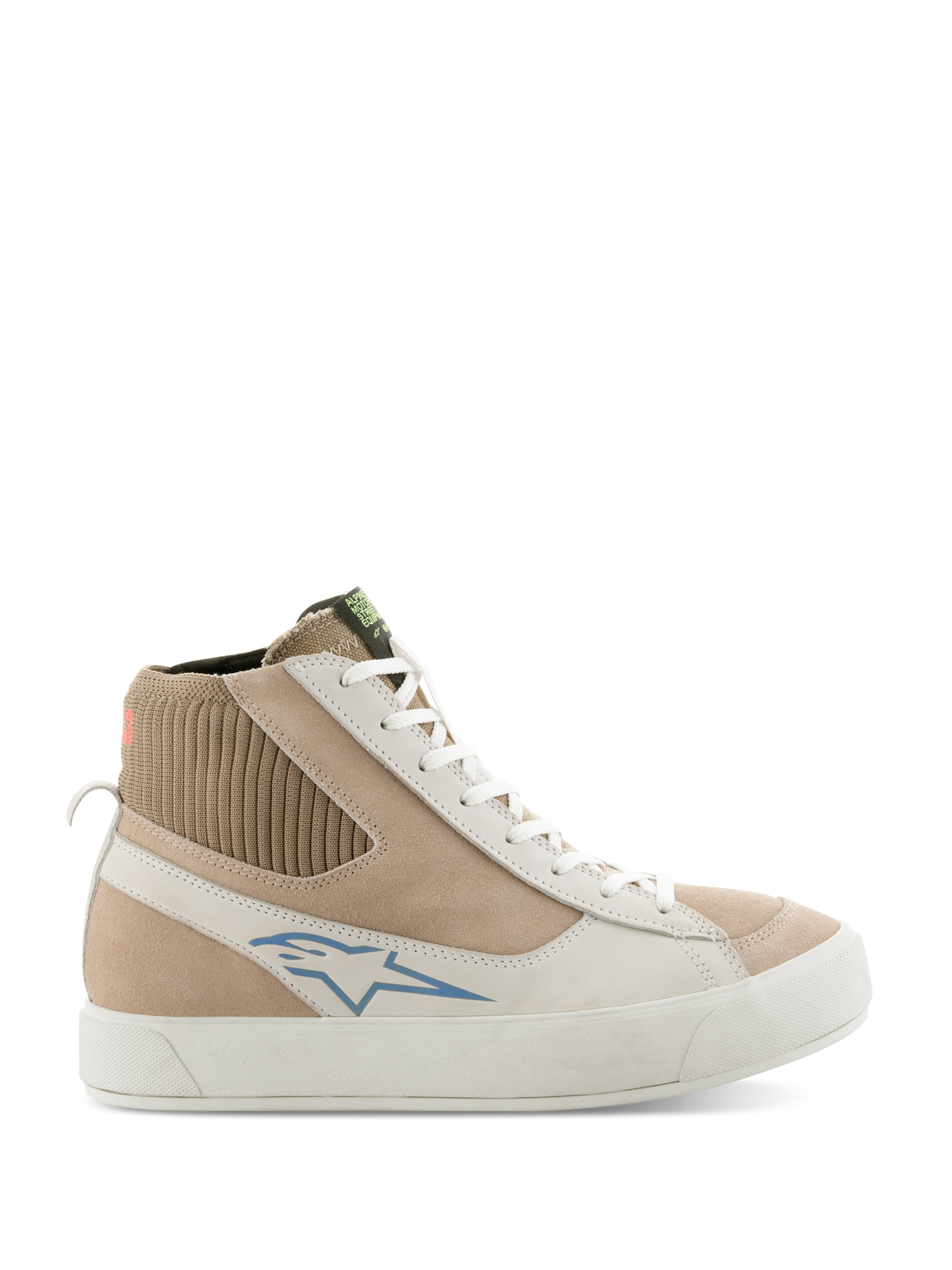 Alpinestars Stella Stated Podium Shoes, Women's High-Top Riding Sneakers, White and Light Gray, beige suede and leather upper, blue Alpinestars logo, ribbed knit ankle collar, thick white vulcanized sole, retro skate style