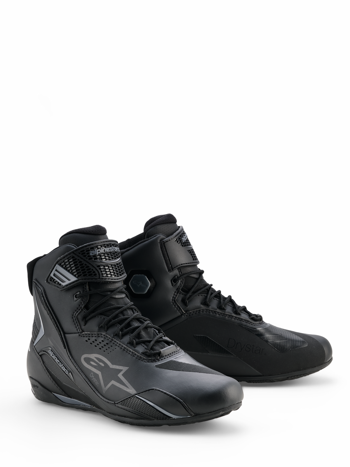 Alpinestars Faster-4 Drystar® sko, Black Cool Gray motorcykelkøresko, high-top design med snørelukning og justerbar ankelrem, med det ikoniske stjernelogo og Drystar-branding, holdbart og vandtæt sportsfodtøj