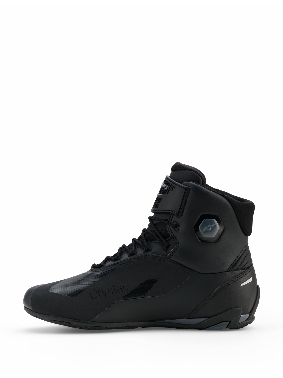 Alpinestars Faster-4 Drystar® sko, motorcykelsko, Black Cool Gray, sideprofil med sømløs mikrofiberkonstruktion, Drystar vandtæt branding, snørelukning med ankelrem og integreret beskyttende ankelstruktur.