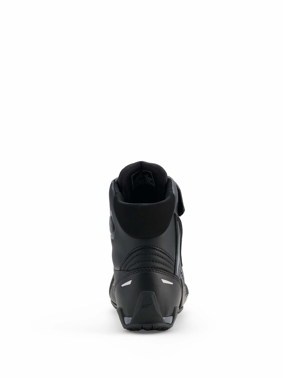 Alpinestars Faster-4 Drystar® sko, motorcykelkøresko, Black Cool Gray, set bagfra med forstærket hæl, polstret krave og refleksdetaljer, vandtæt mikrofiberkonstruktion til sportskørsel