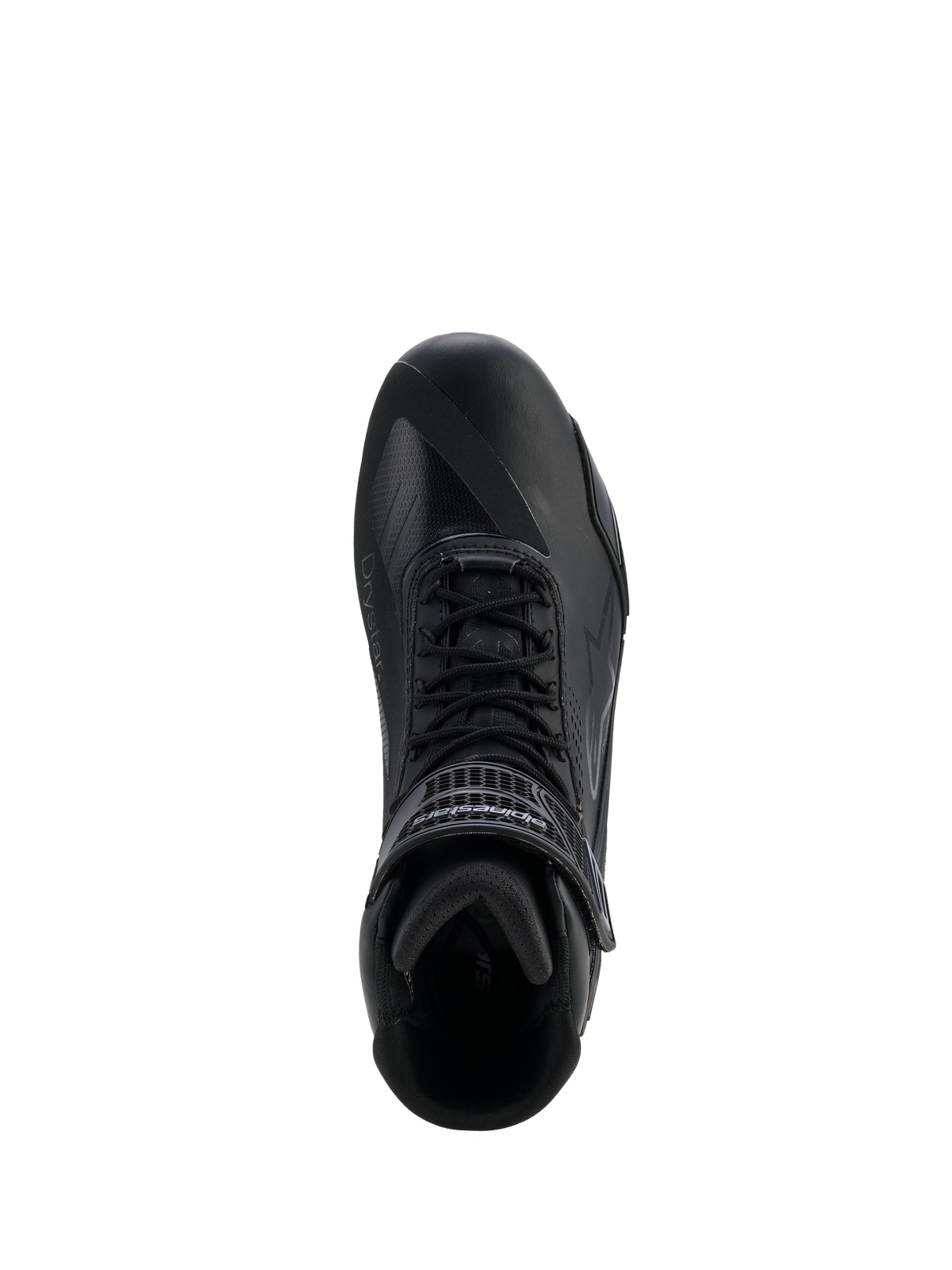 Alpinestars Faster-4 Drystar® sko, Black Cool Gray, motorcykelsko set ovenfra, med snørelukning og velcro-ankelrem, sømløs mikrofiberkonstruktion med Drystar®-branding, slank atletisk profil til beskyttende landevejskørsel.