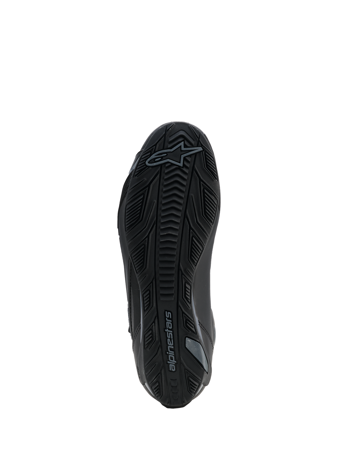Alpinestars Faster-4 Drystar® sko, Black Cool Gray, undersiden viser den teksturerede gummisål med grebsmønster og Alpinestars-logo, forstærket design for stabilitet og trækkraft.