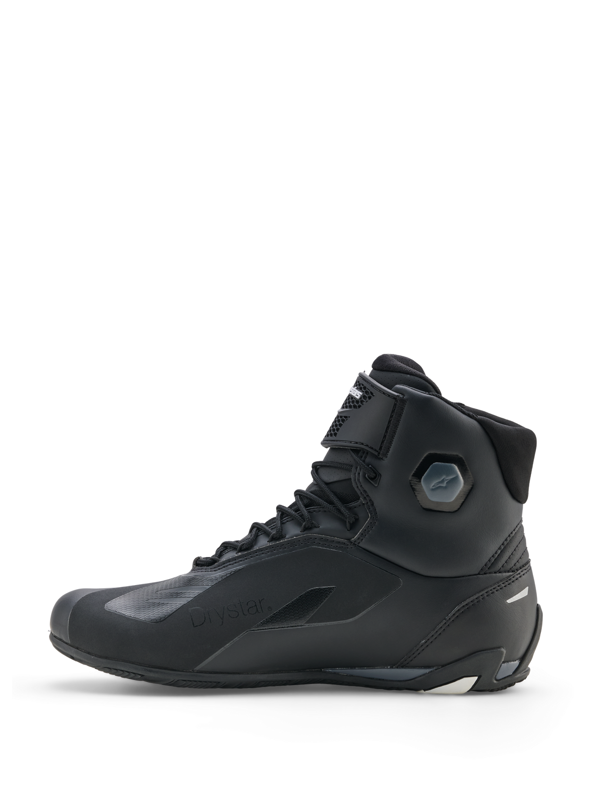 Alpinestars Faster-4 Drystar® Shoes, Motorcycle Riding Shoes, Black Cool Gray White, side profile view featuring waterproof construction, lace-up closure with hook-and-loop strap, and integrated ankle protection.