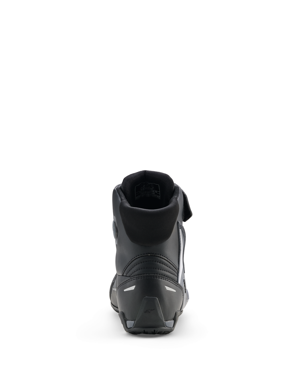 Alpinestars Faster-4 Drystar® Shoes, Motorcycle Riding Shoes, Black Cool Gray White, rear view showing padded collar, reinforced heel with reflective accents, and textured rubber sole for sport performance.